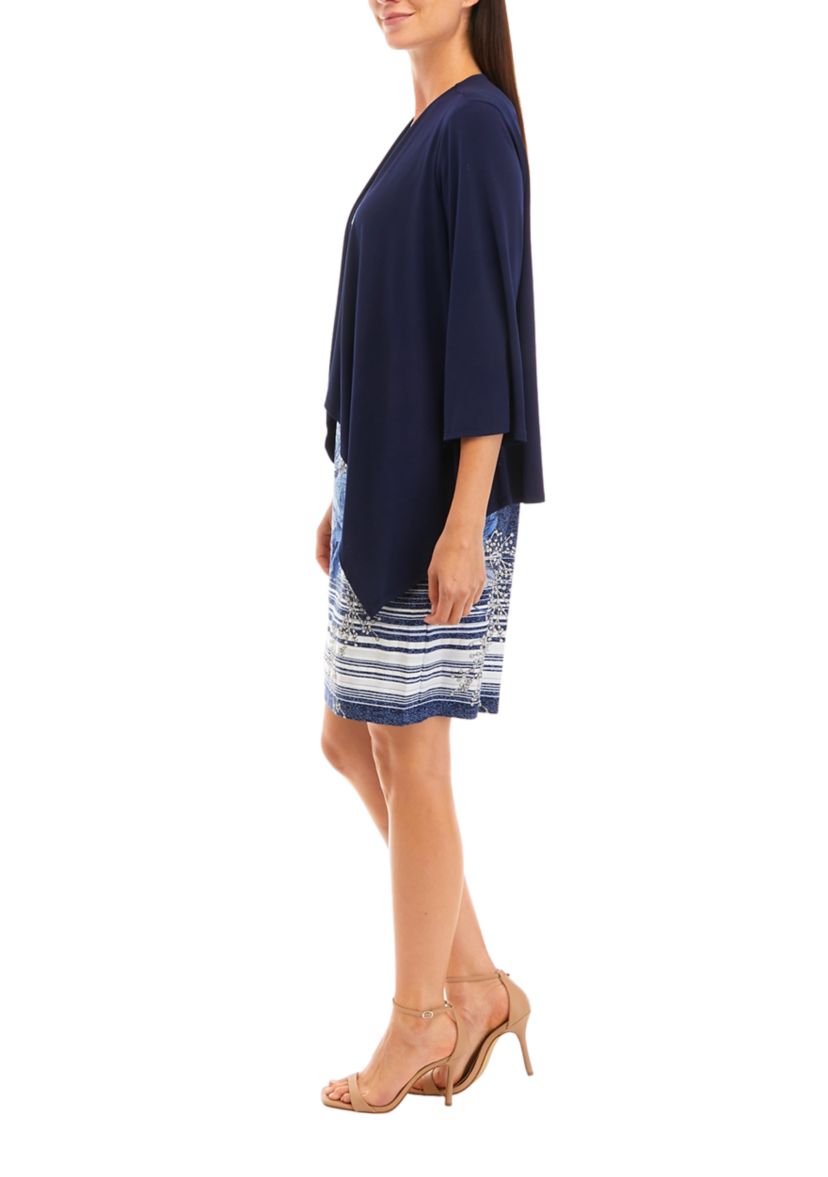 Womens 3/4 Sleeve Solid Jacket and Denim Printed Sheath Dress Set