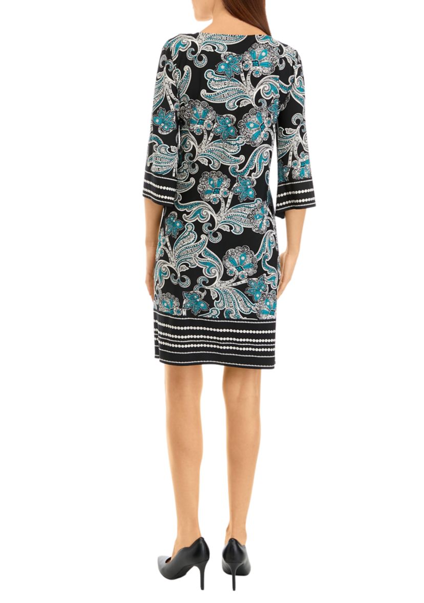 Womens 3/4 Sleeve Paisley Shift Dress