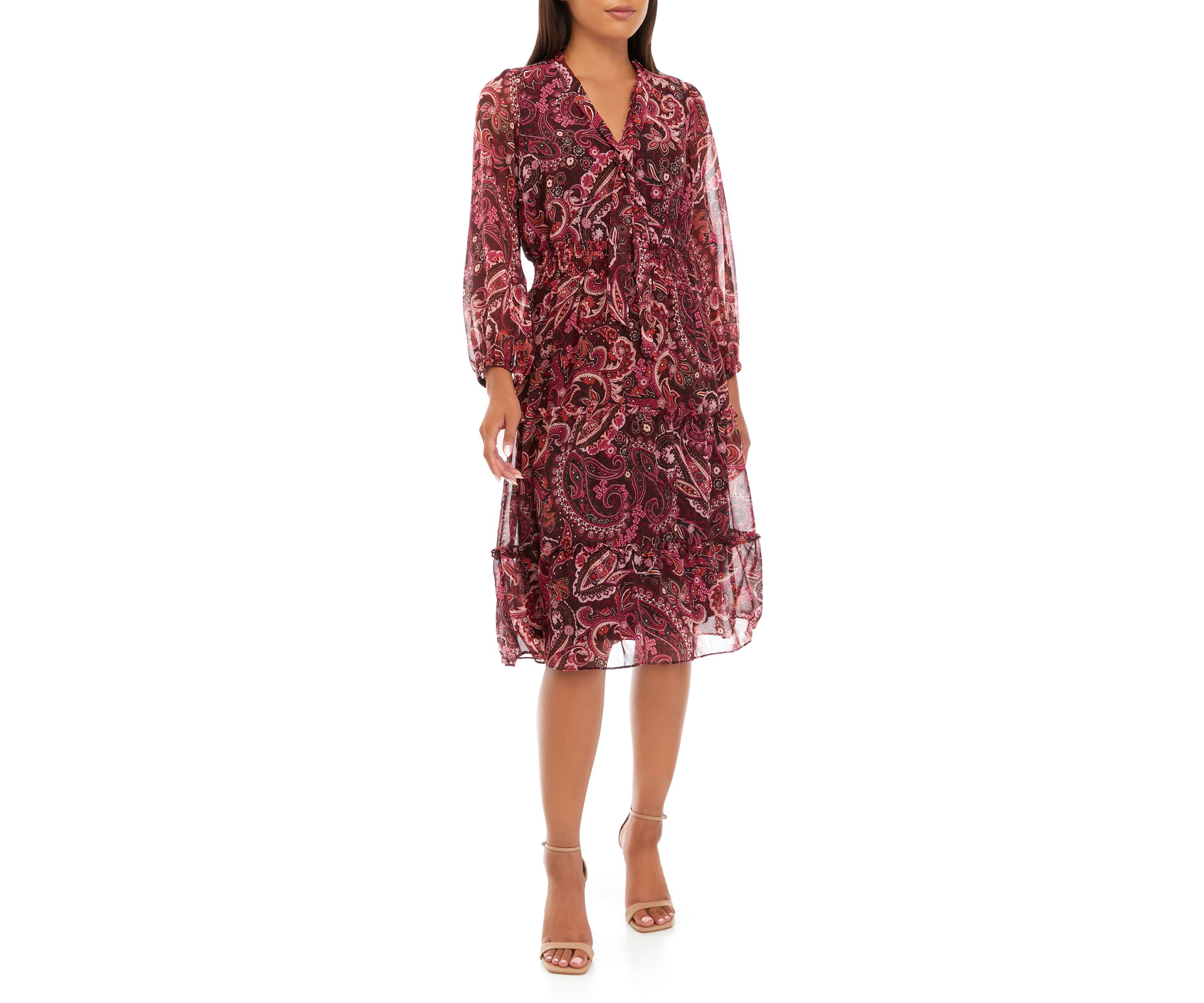 Womens Long Sleeve Paisley Tie Neck Chiffon Dress