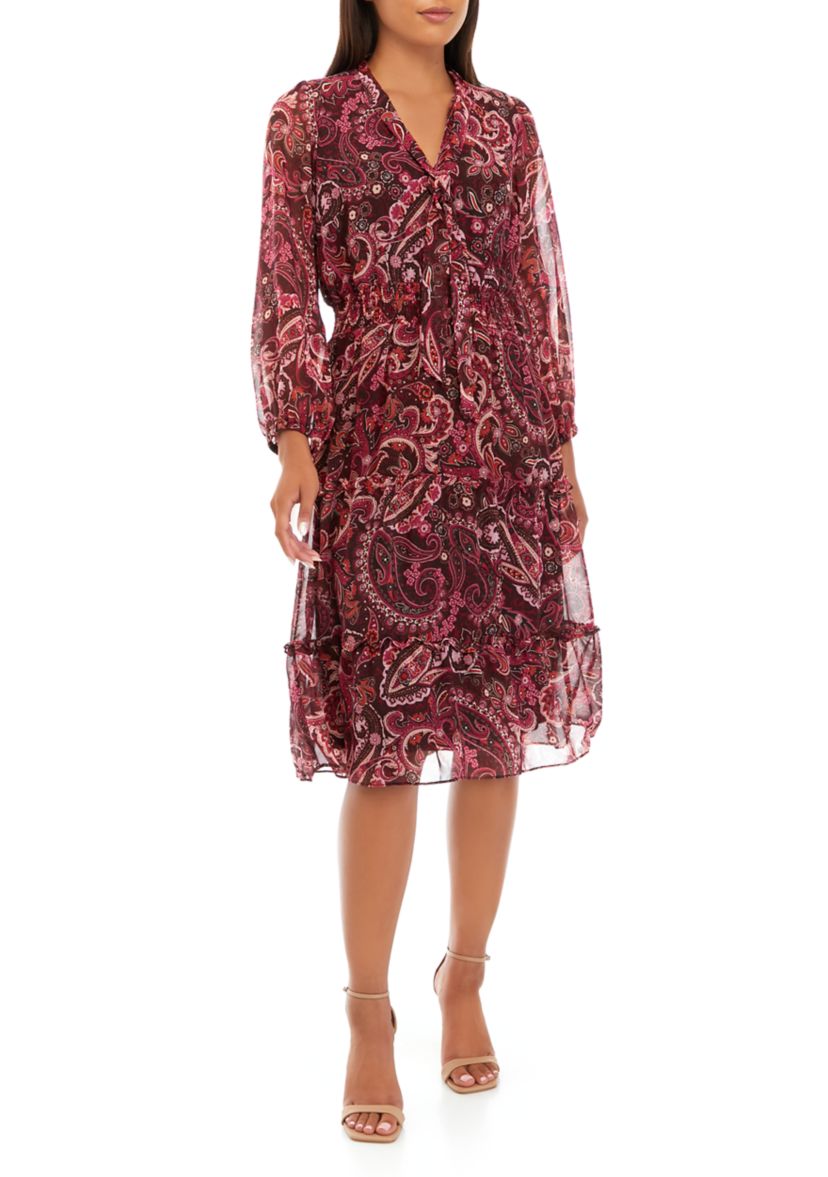 Womens Long Sleeve Paisley Tie Neck Chiffon Dress