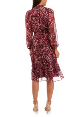 Women's Long Sleeve Paisley Tie Neck Chiffon Dress