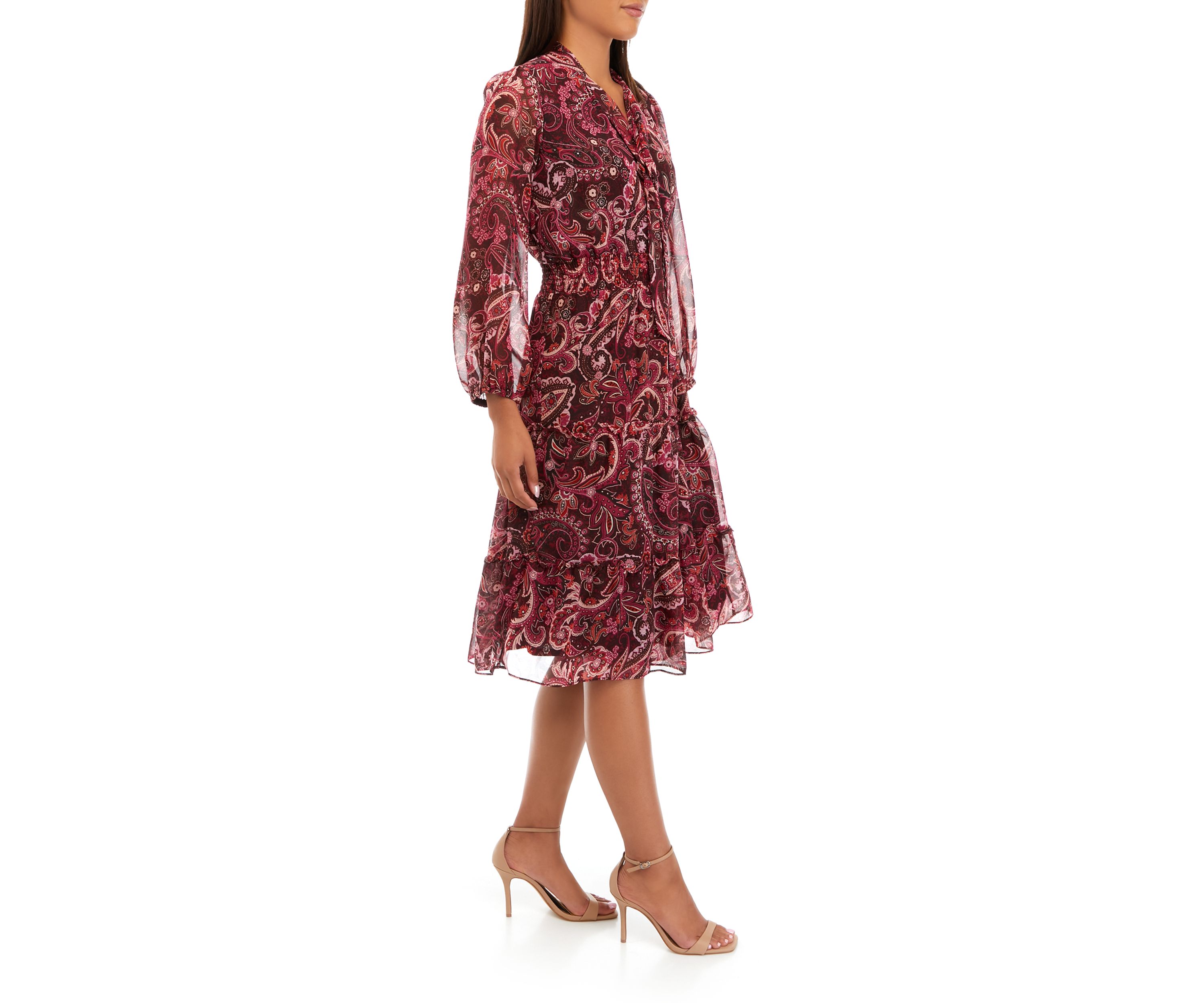 Womens Long Sleeve Paisley Tie Neck Chiffon Dress