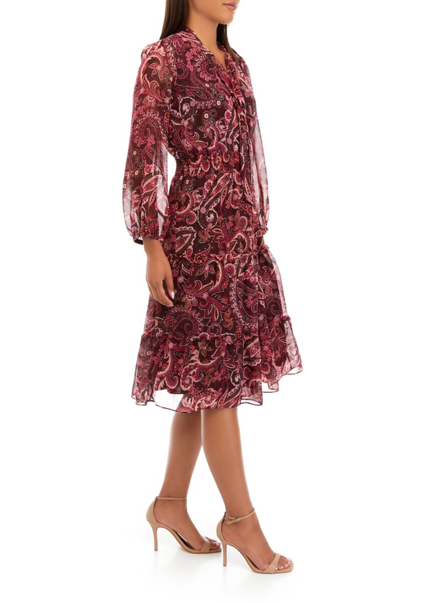 Womens Long Sleeve Paisley Tie Neck Chiffon Dress