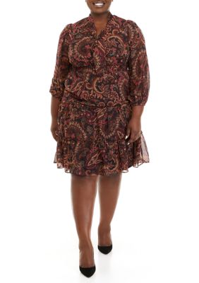 Plus Blouson Sleeve Ruffle Neck Paisley Dress