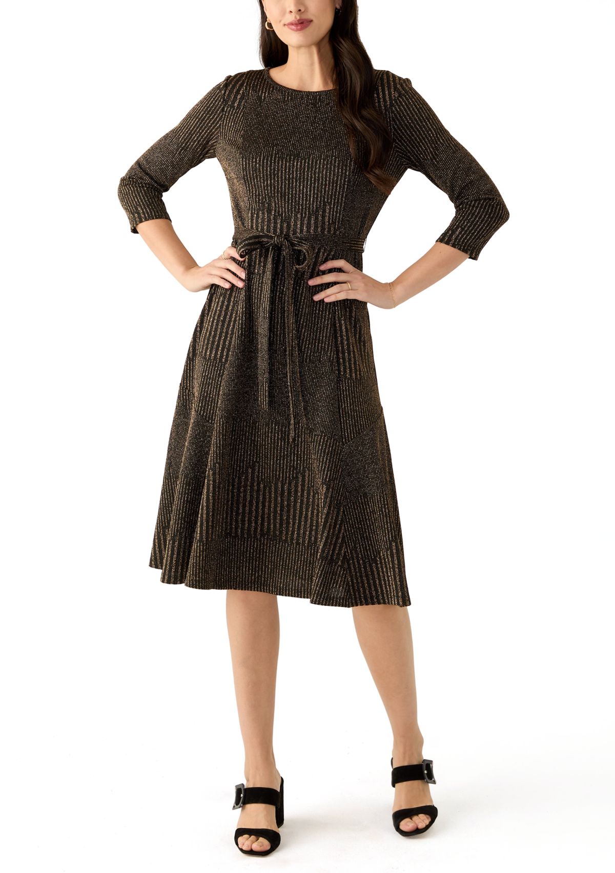 Womens 3/4 Sleeve Crew Neck Solid Tie Waist Glitter Fit and Flare Dress