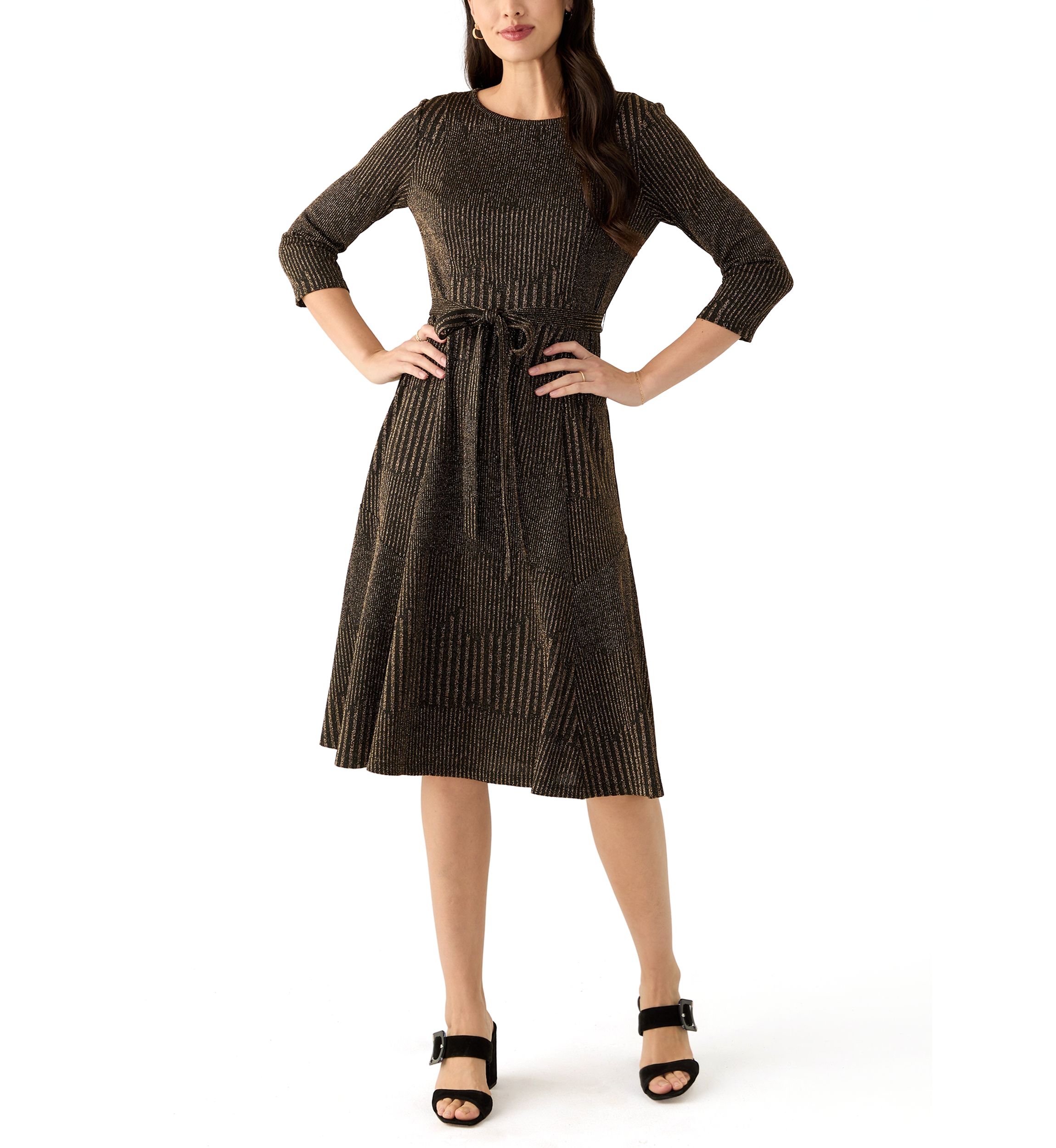 Womens 3/4 Sleeve Crew Neck Solid Tie Waist Glitter Fit and Flare Dress