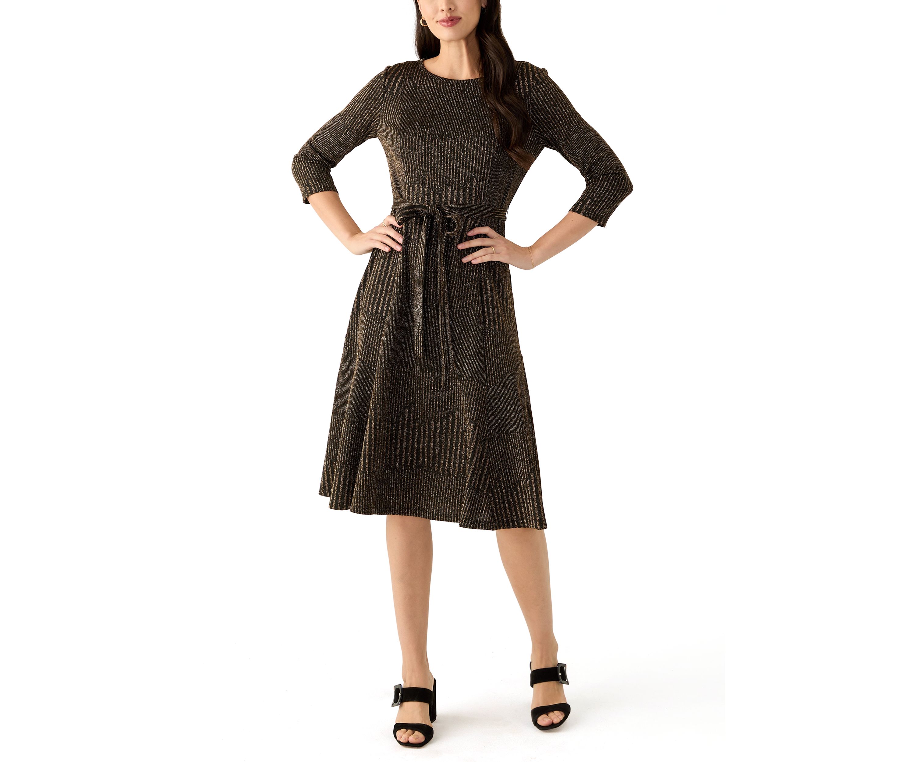 Womens 3/4 Sleeve Crew Neck Solid Tie Waist Glitter Fit and Flare Dress