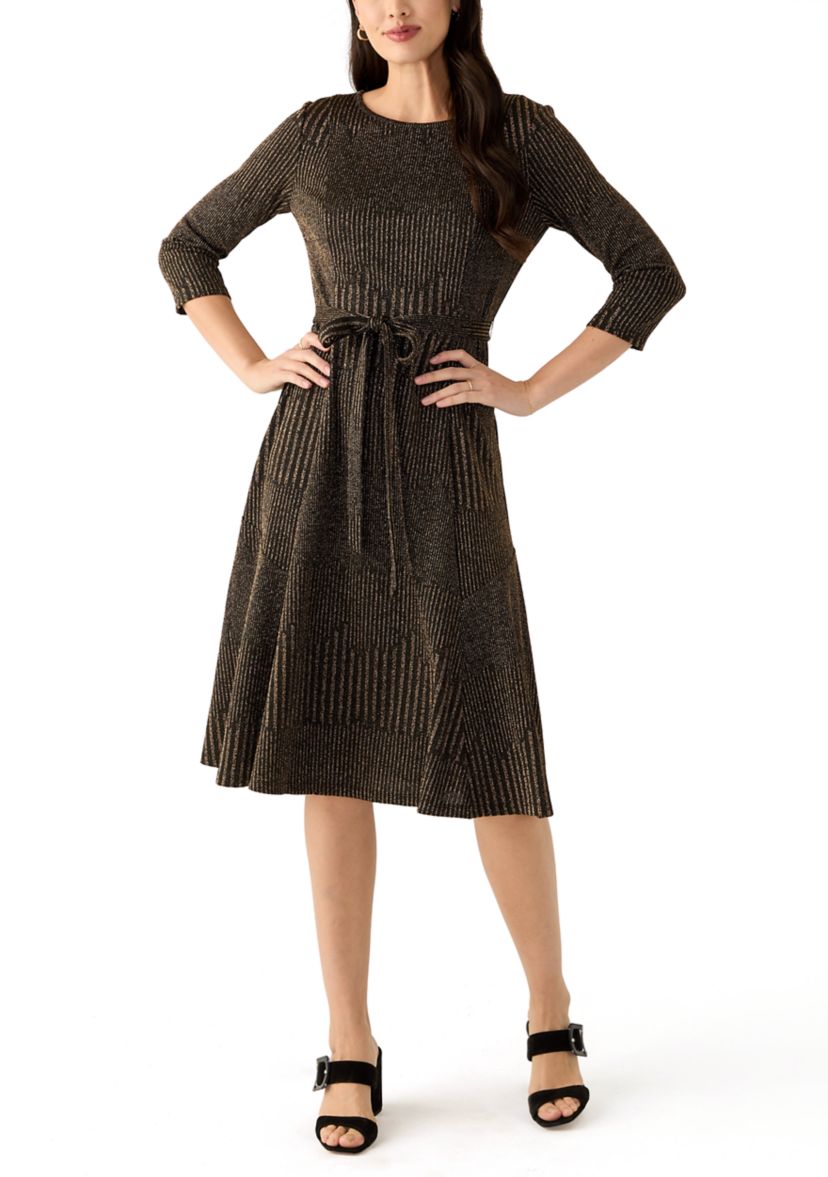 Womens 3/4 Sleeve Crew Neck Solid Tie Waist Glitter Fit and Flare Dress