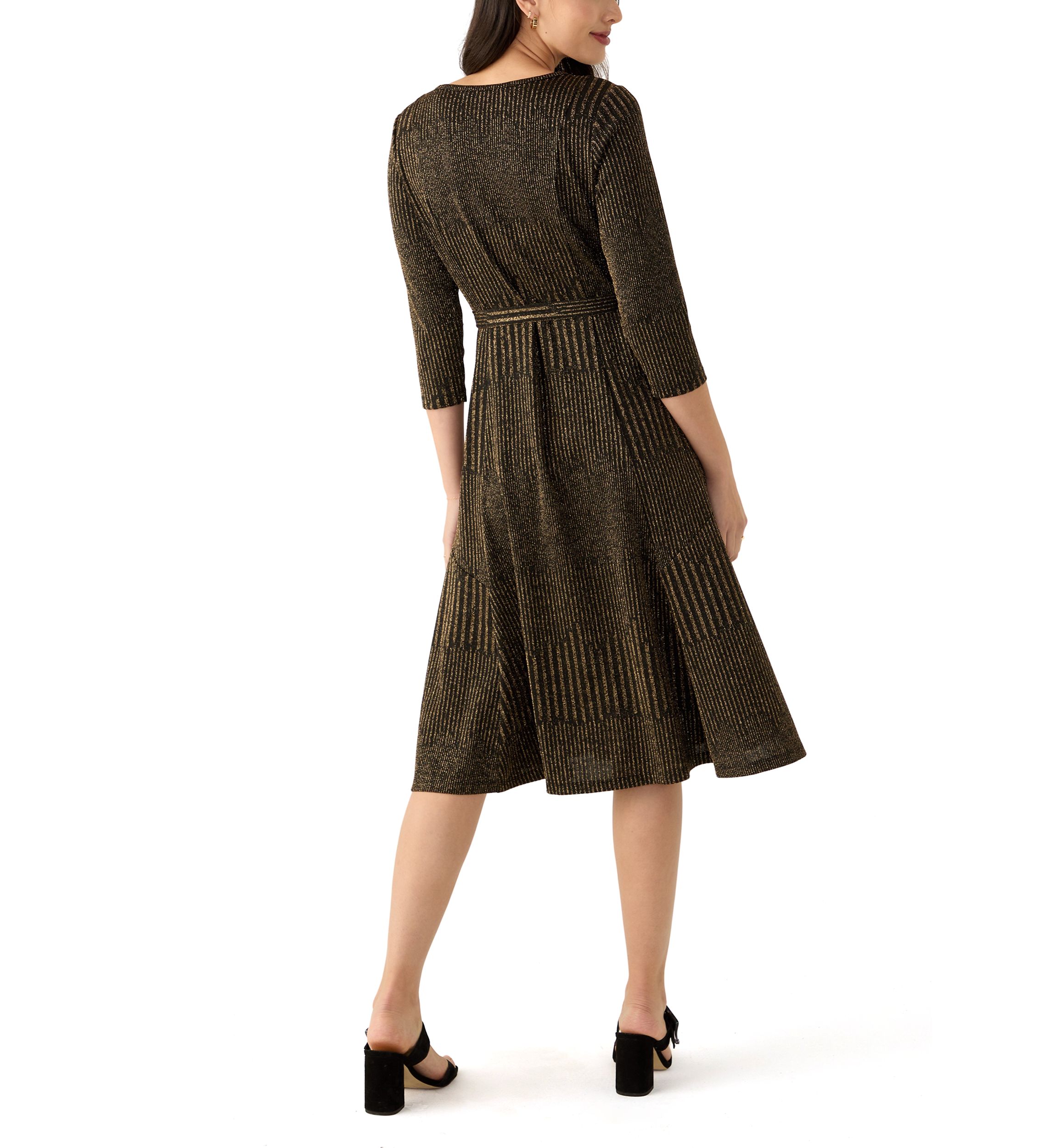 Womens 3/4 Sleeve Crew Neck Solid Tie Waist Glitter Fit and Flare Dress