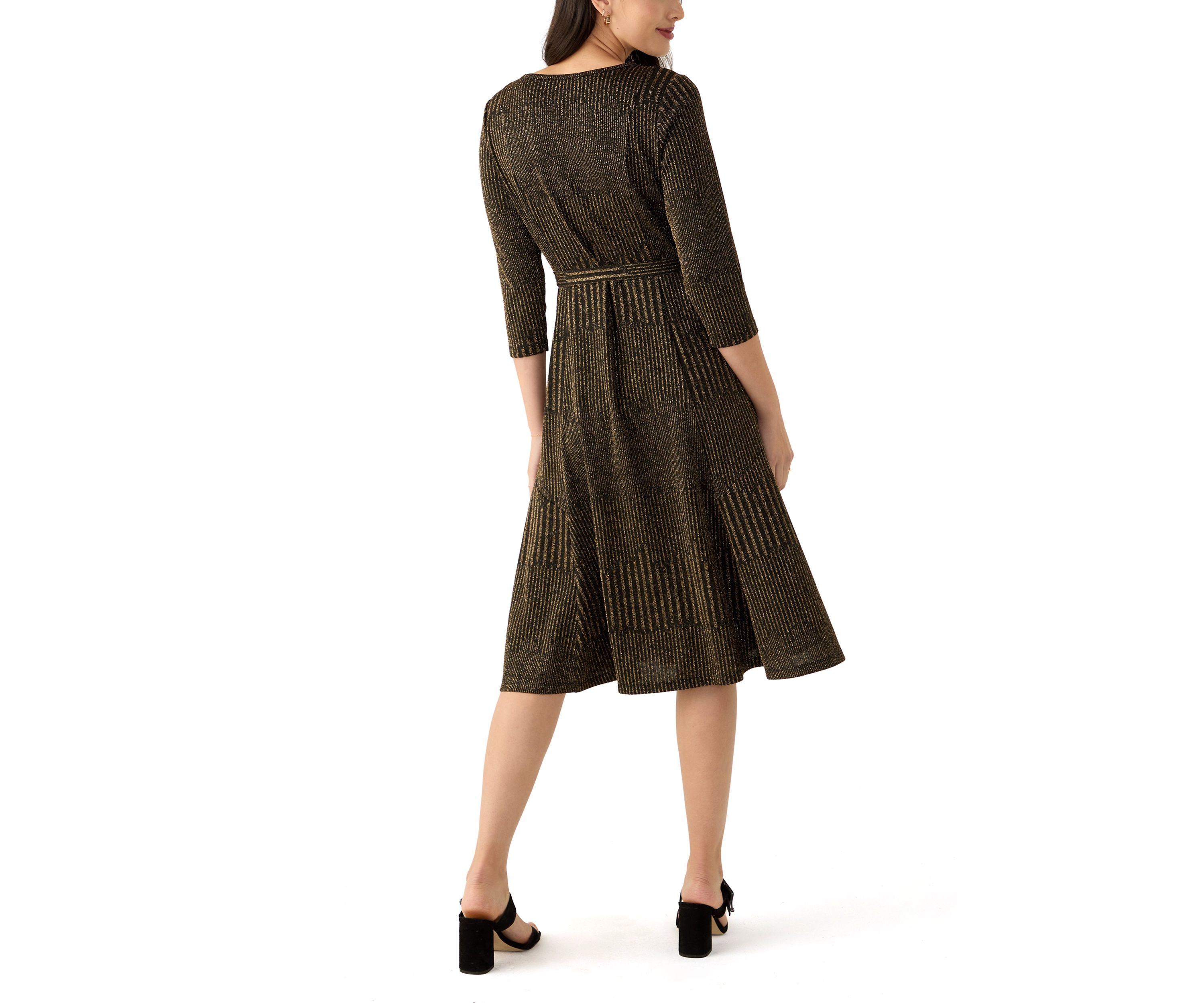 Womens 3/4 Sleeve Crew Neck Solid Tie Waist Glitter Fit and Flare Dress