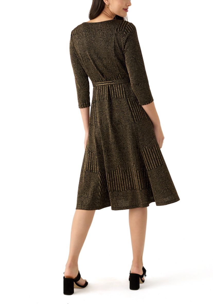 Womens 3/4 Sleeve Crew Neck Solid Tie Waist Glitter Fit and Flare Dress