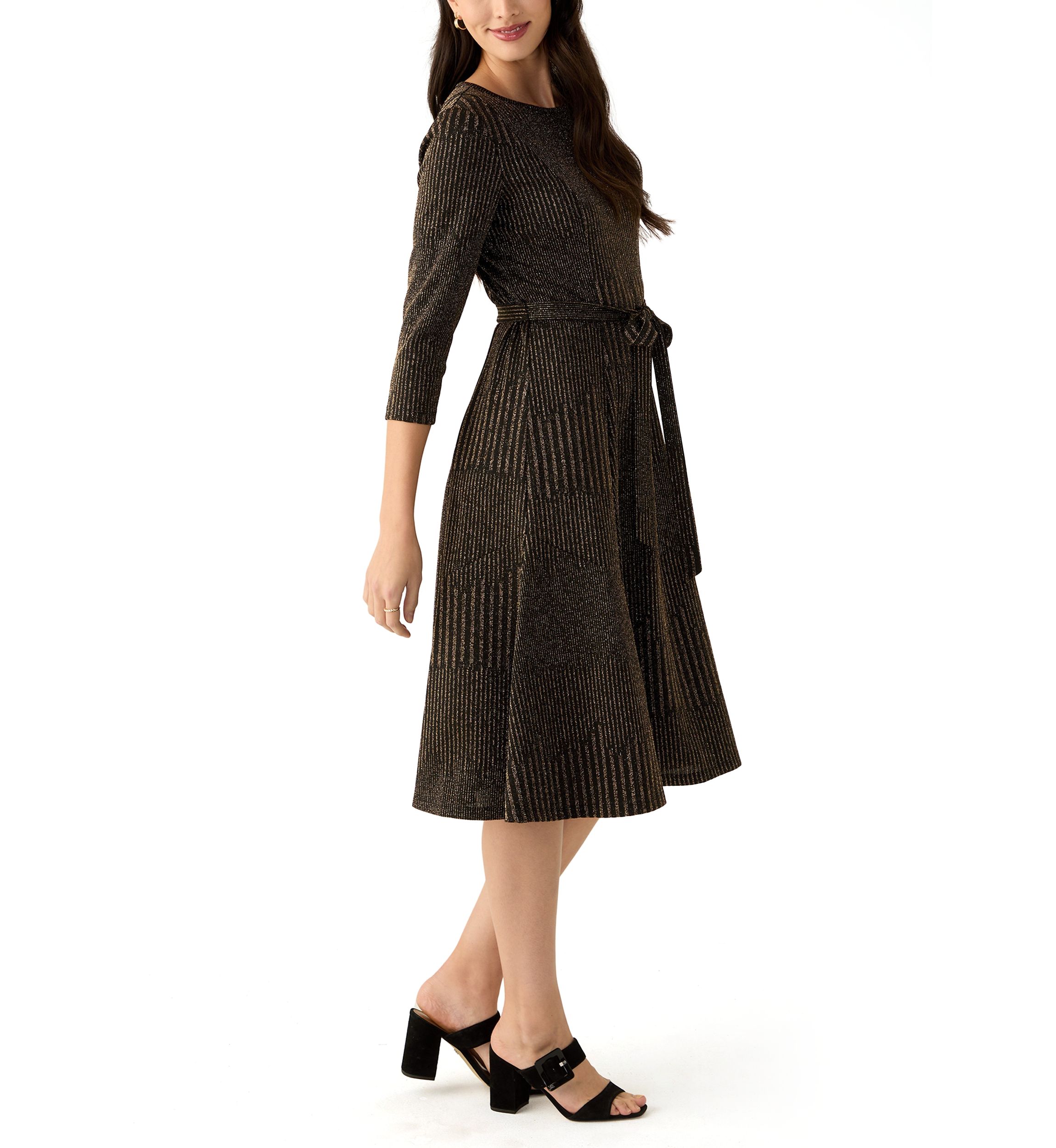 Womens 3/4 Sleeve Crew Neck Solid Tie Waist Glitter Fit and Flare Dress
