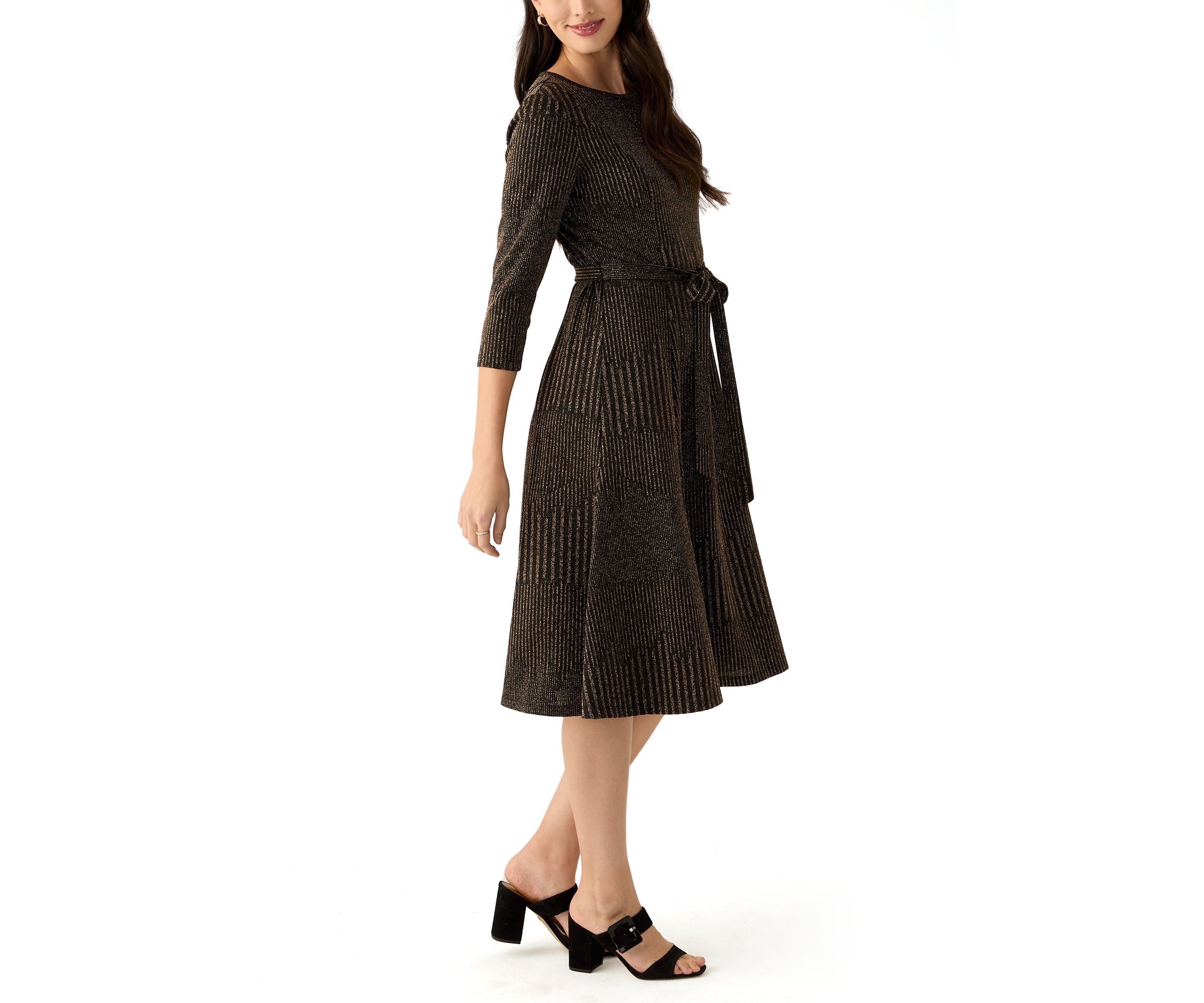 Womens 3/4 Sleeve Crew Neck Solid Tie Waist Glitter Fit and Flare Dress