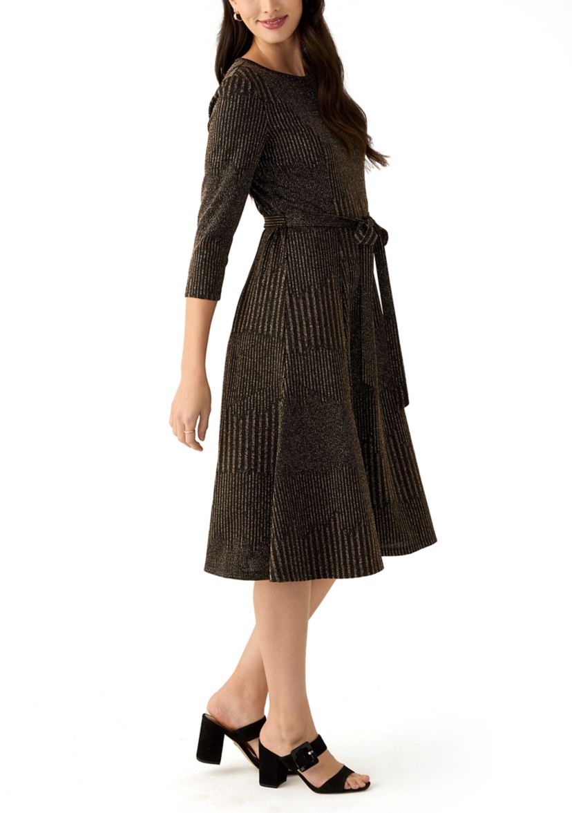 Womens 3/4 Sleeve Crew Neck Solid Tie Waist Glitter Fit and Flare Dress
