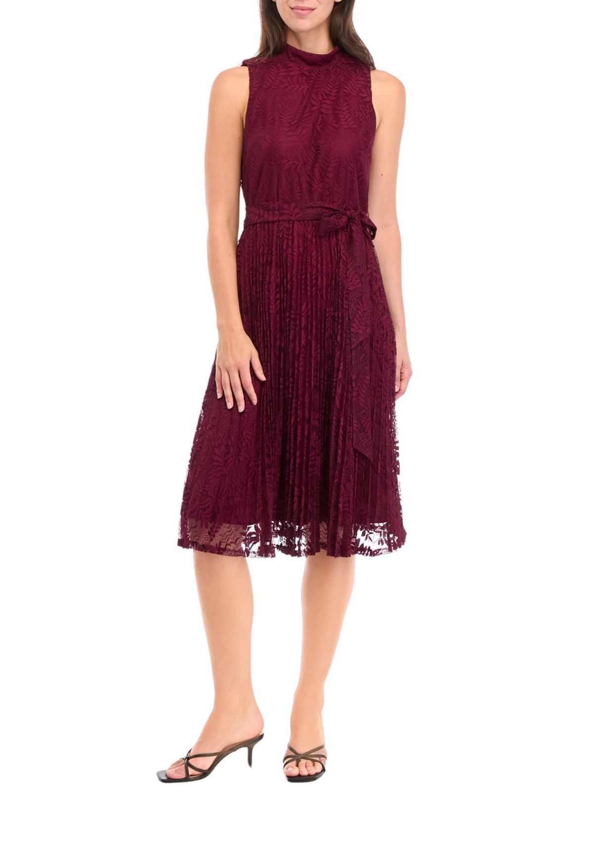 Womens Sleeveless Mock Neck Tie Waist Floral Print A-Line Dress