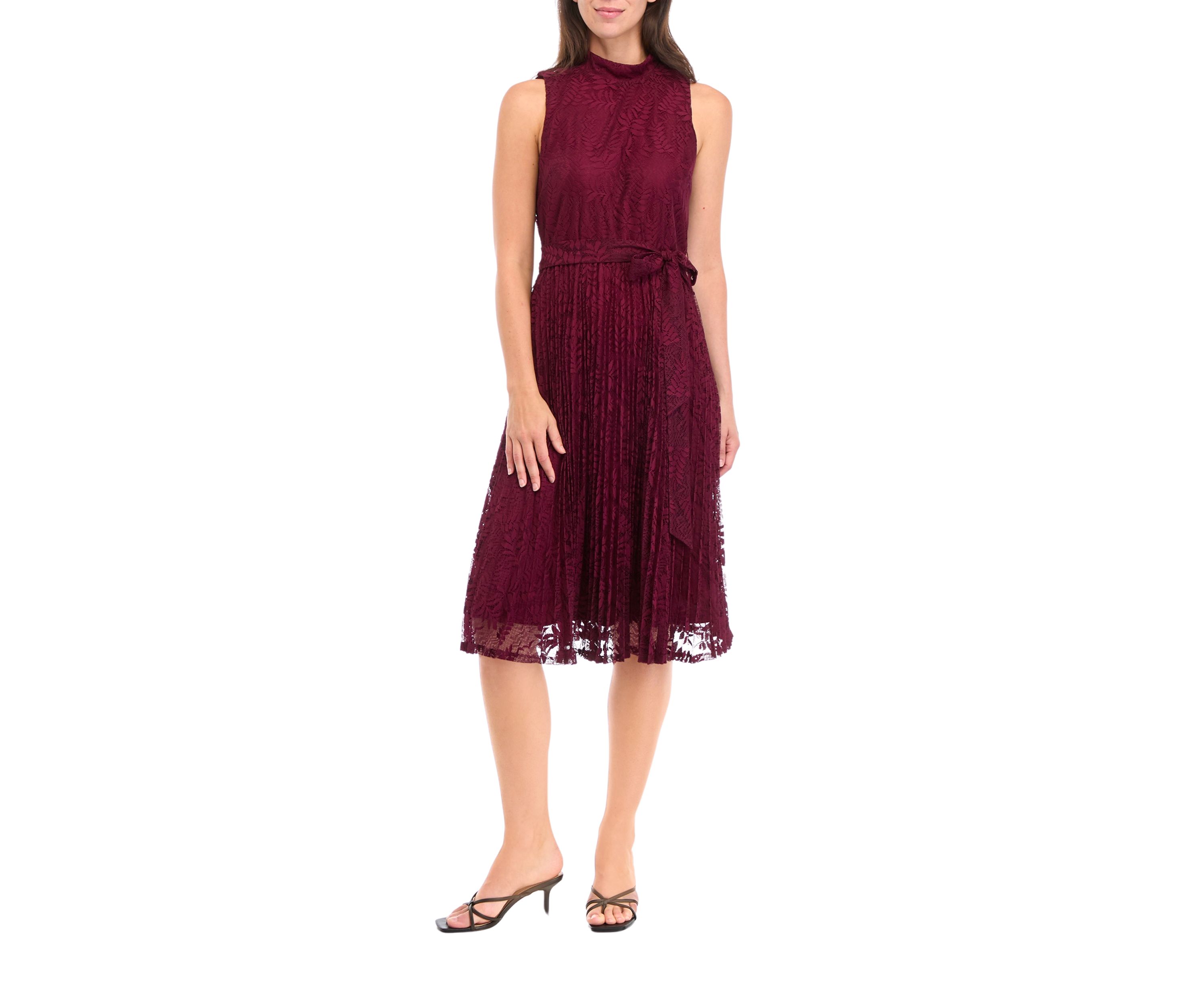 Womens Sleeveless Mock Neck Tie Waist Floral Print A-Line Dress