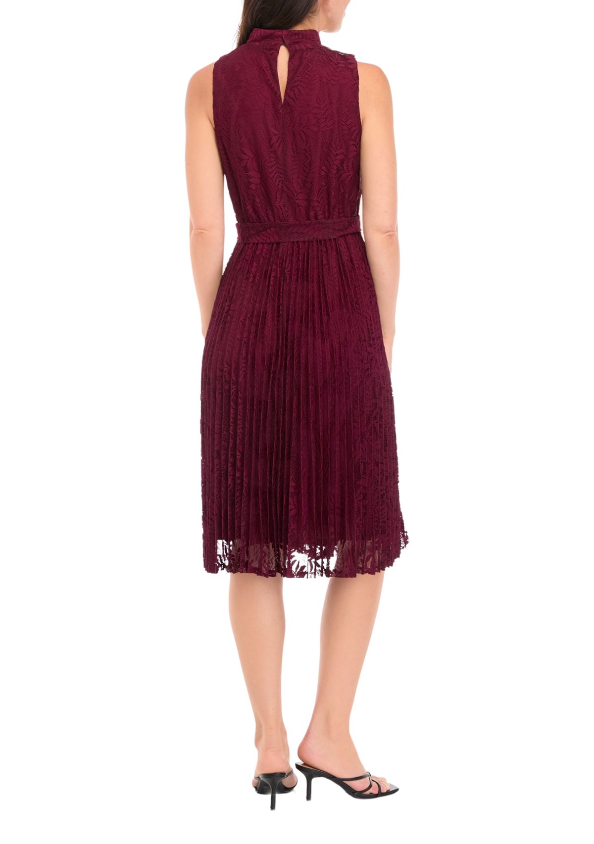 Womens Sleeveless Mock Neck Tie Waist Floral Print A-Line Dress