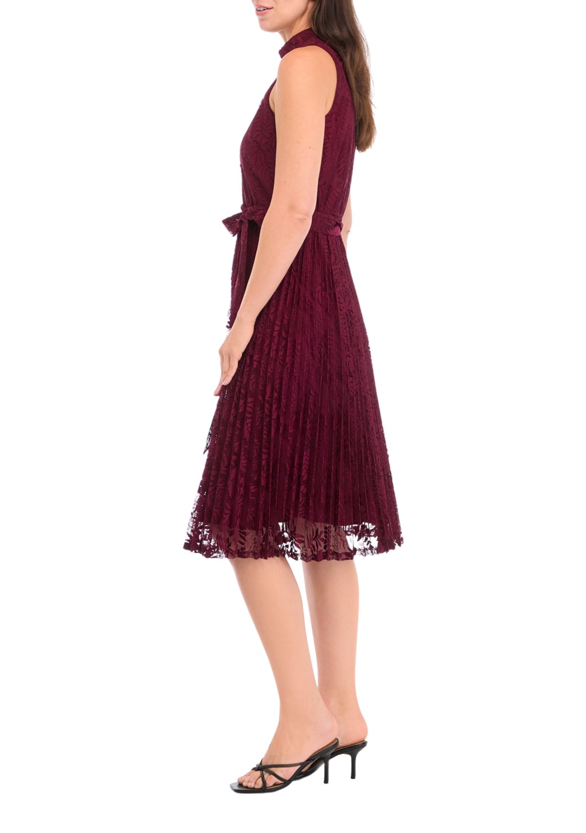 Womens Sleeveless Mock Neck Tie Waist Floral Print A-Line Dress