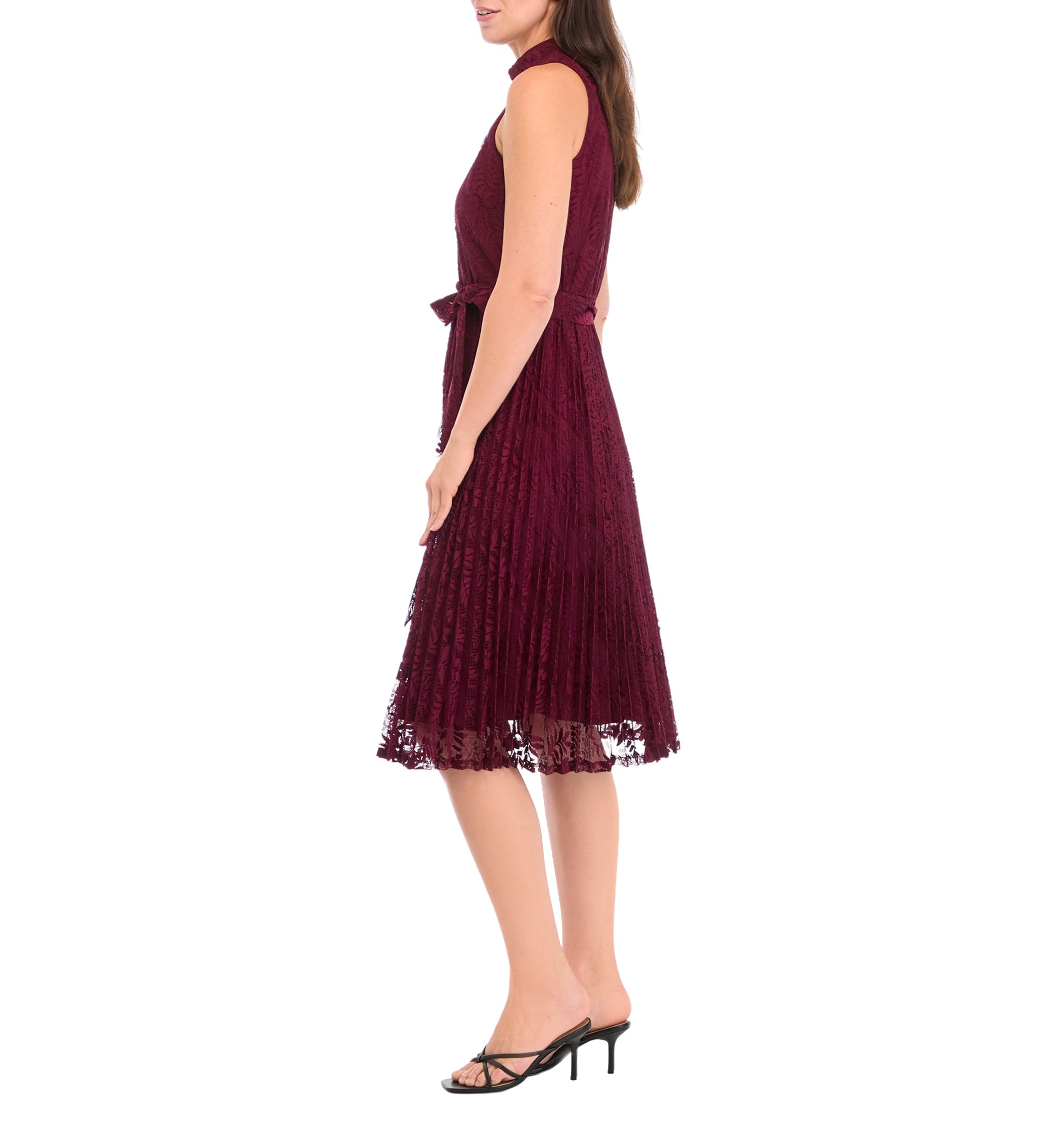Womens Sleeveless Mock Neck Tie Waist Floral Print A-Line Dress