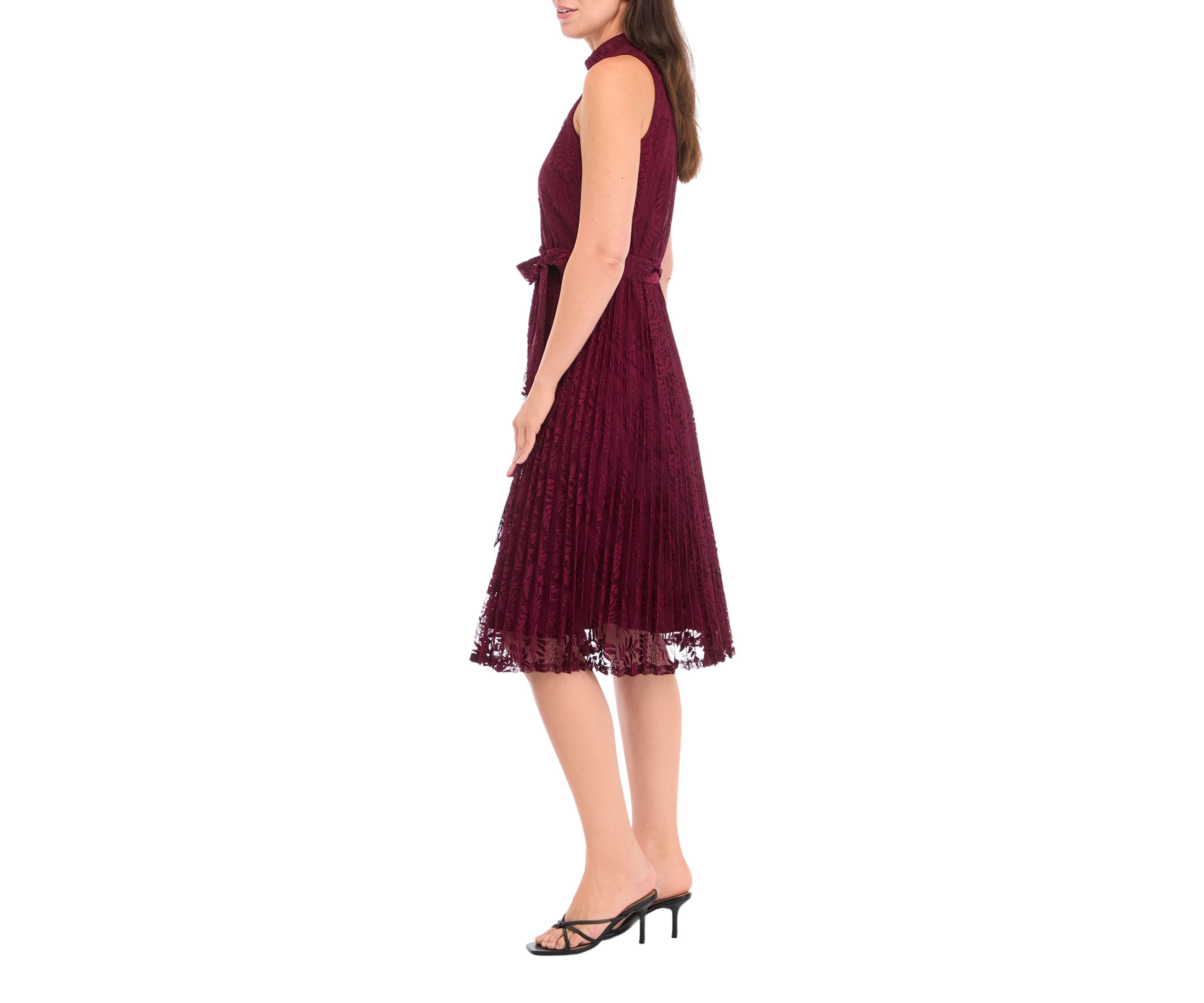 Womens Sleeveless Mock Neck Tie Waist Floral Print A-Line Dress