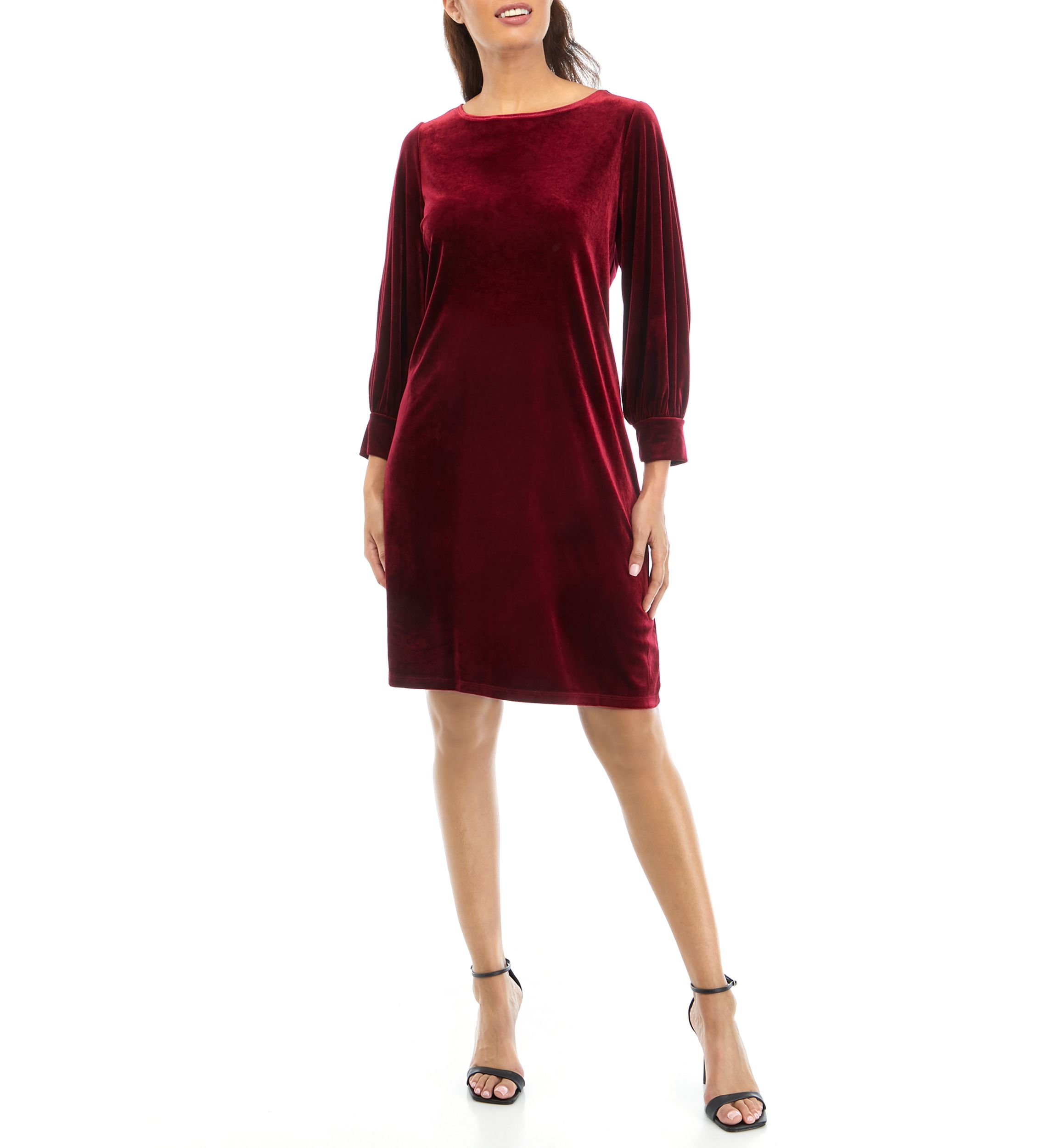 Womens 3/4 Sleeve Solid Velvet Sheath Dress