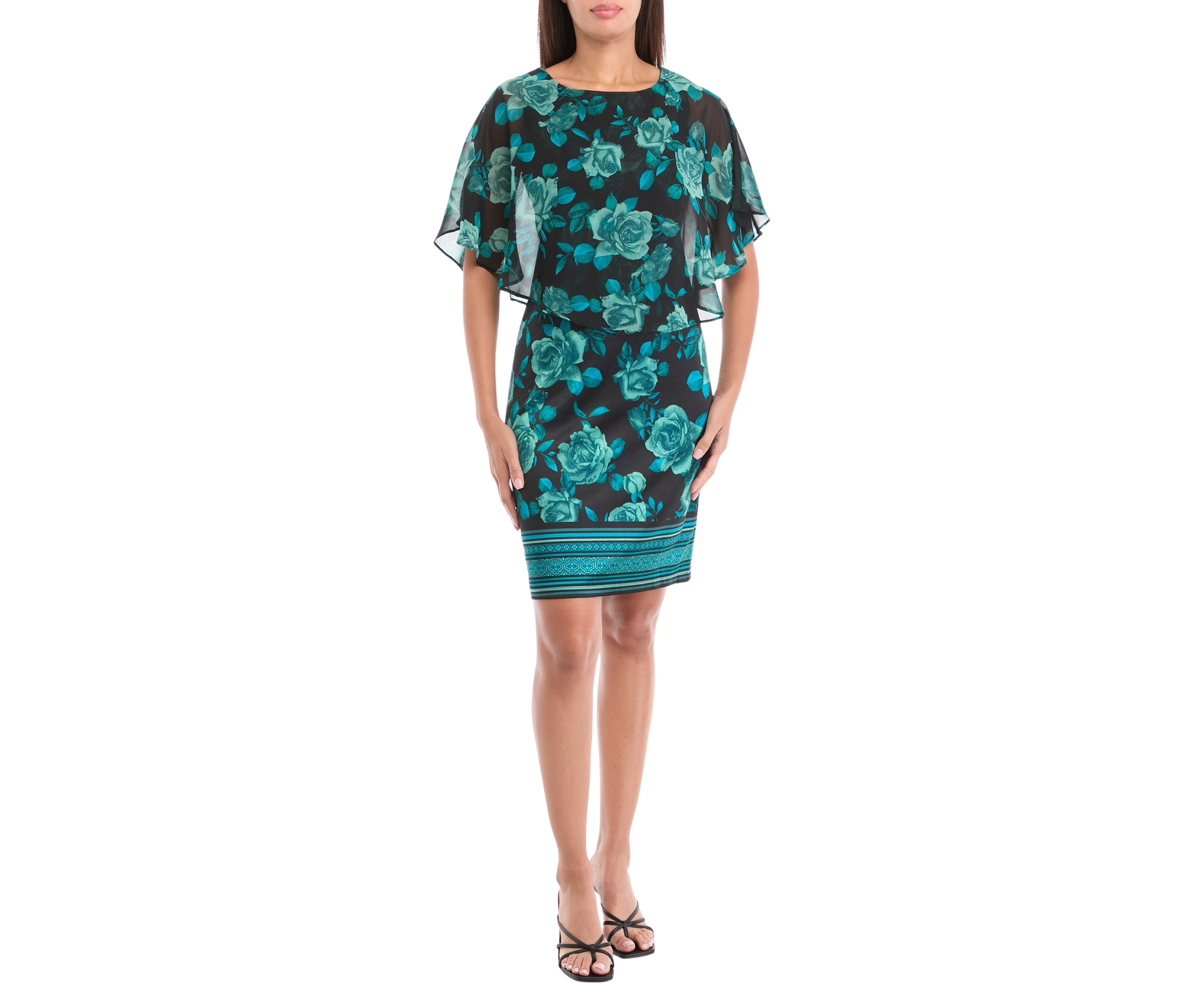 Womens Cape Sleeve Floral Print A-Line Dress