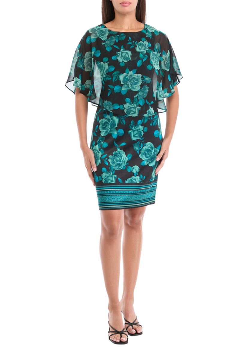 Womens Cape Sleeve Floral Print A-Line Dress