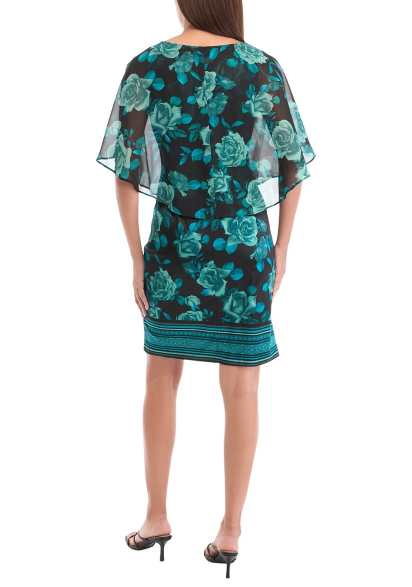 Womens Cape Sleeve Floral Print A-Line Dress