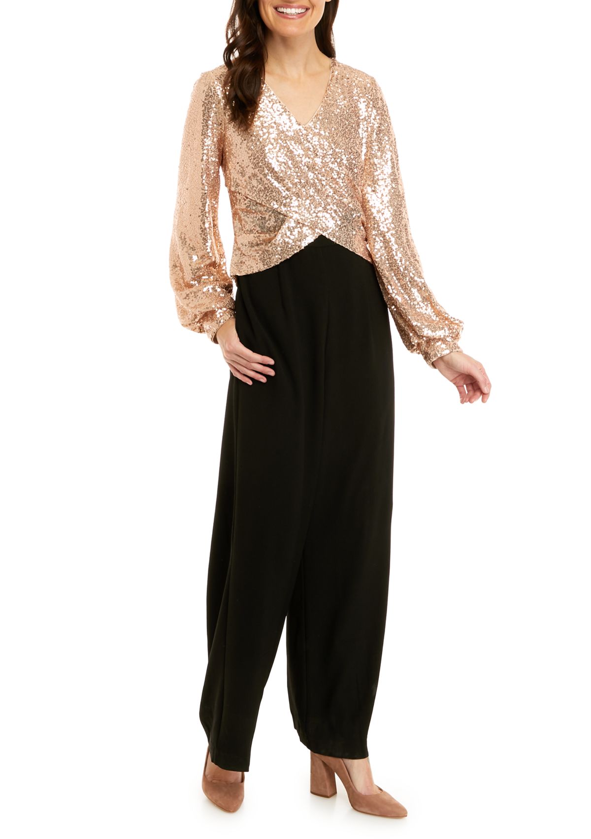 Womens Long Sleeve Surplice Sequin Top 2fer Jumpsuit