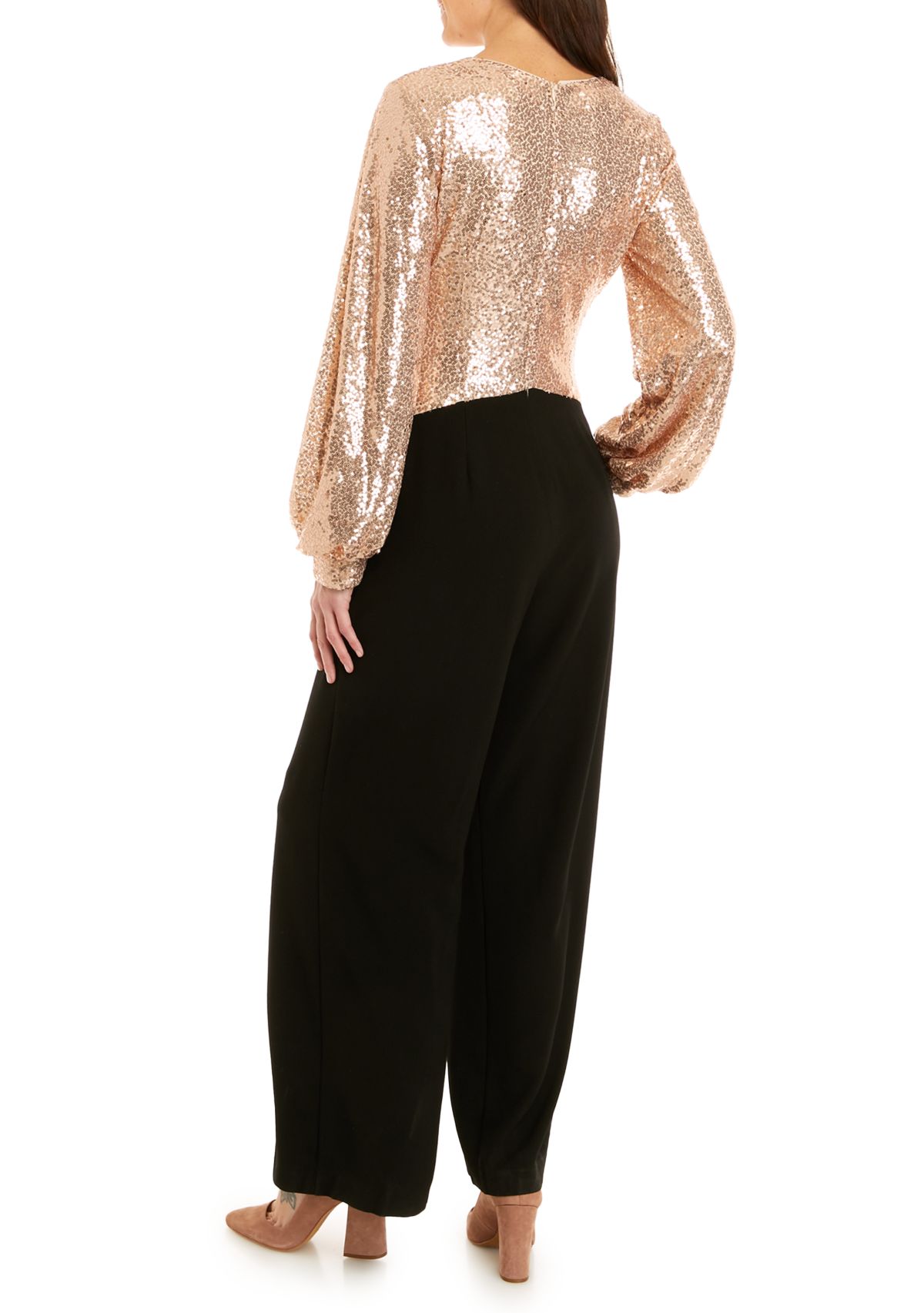 Womens Long Sleeve Surplice Sequin Top 2fer Jumpsuit