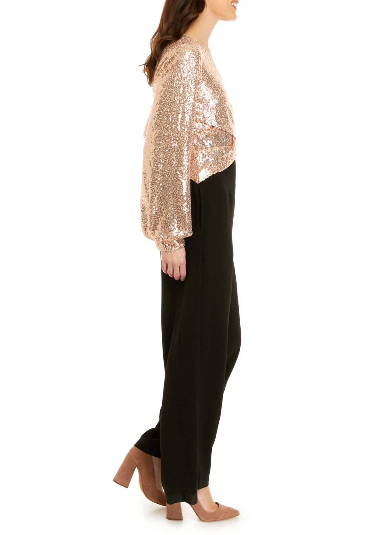 Womens Long Sleeve Surplice Sequin Top 2fer Jumpsuit
