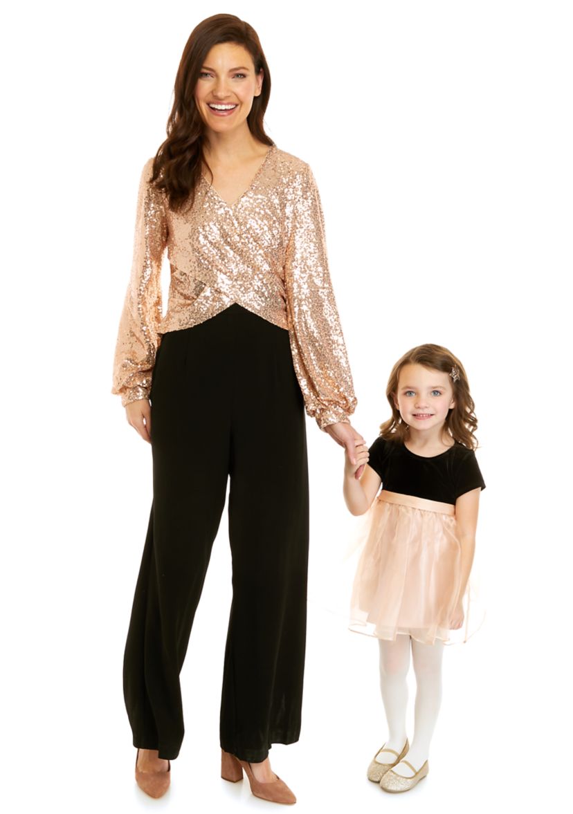 Womens Long Sleeve Surplice Sequin Top 2fer Jumpsuit