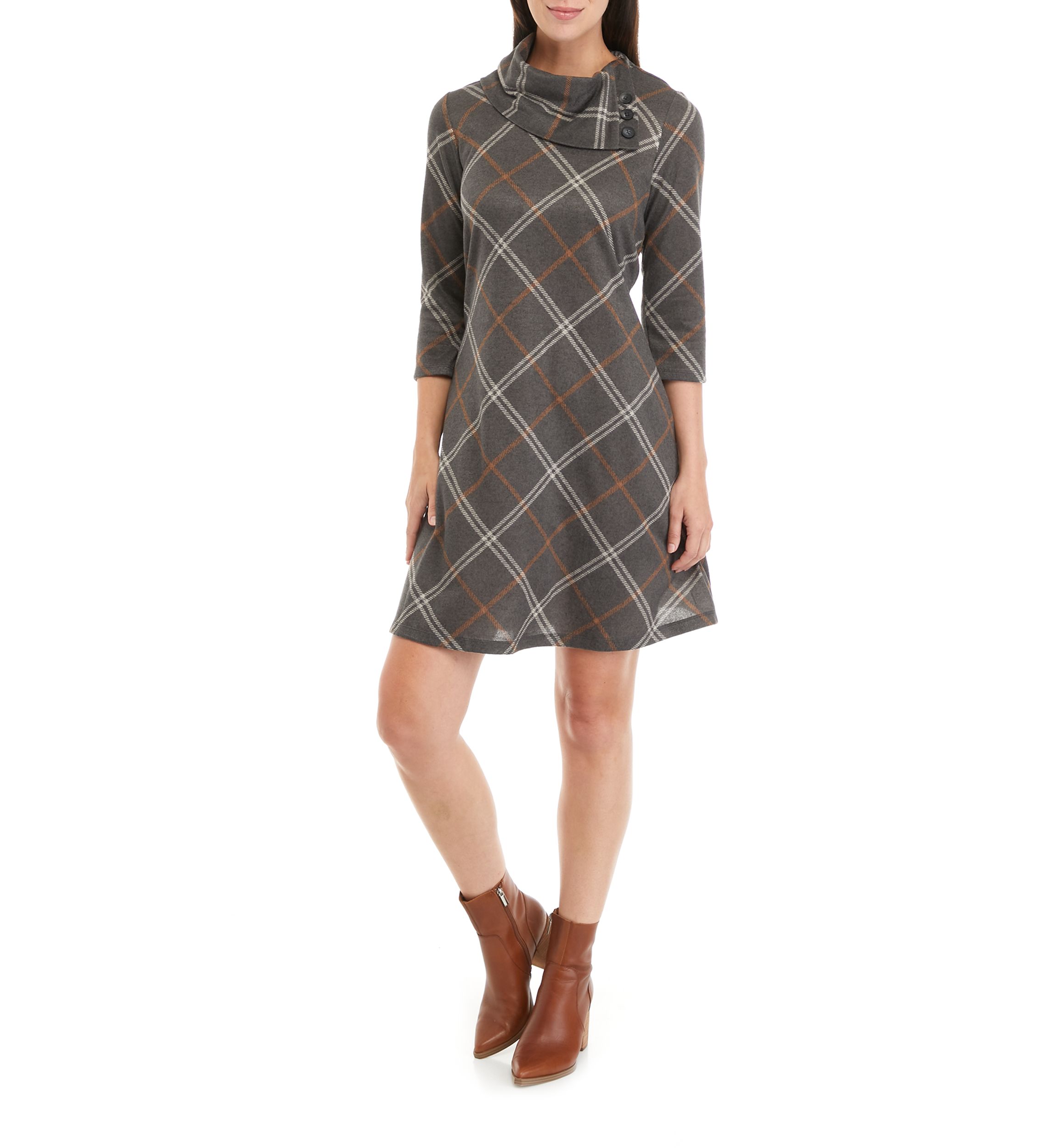 Womens Cozy Envelope Neck Plaid Hacci A-Line Dress