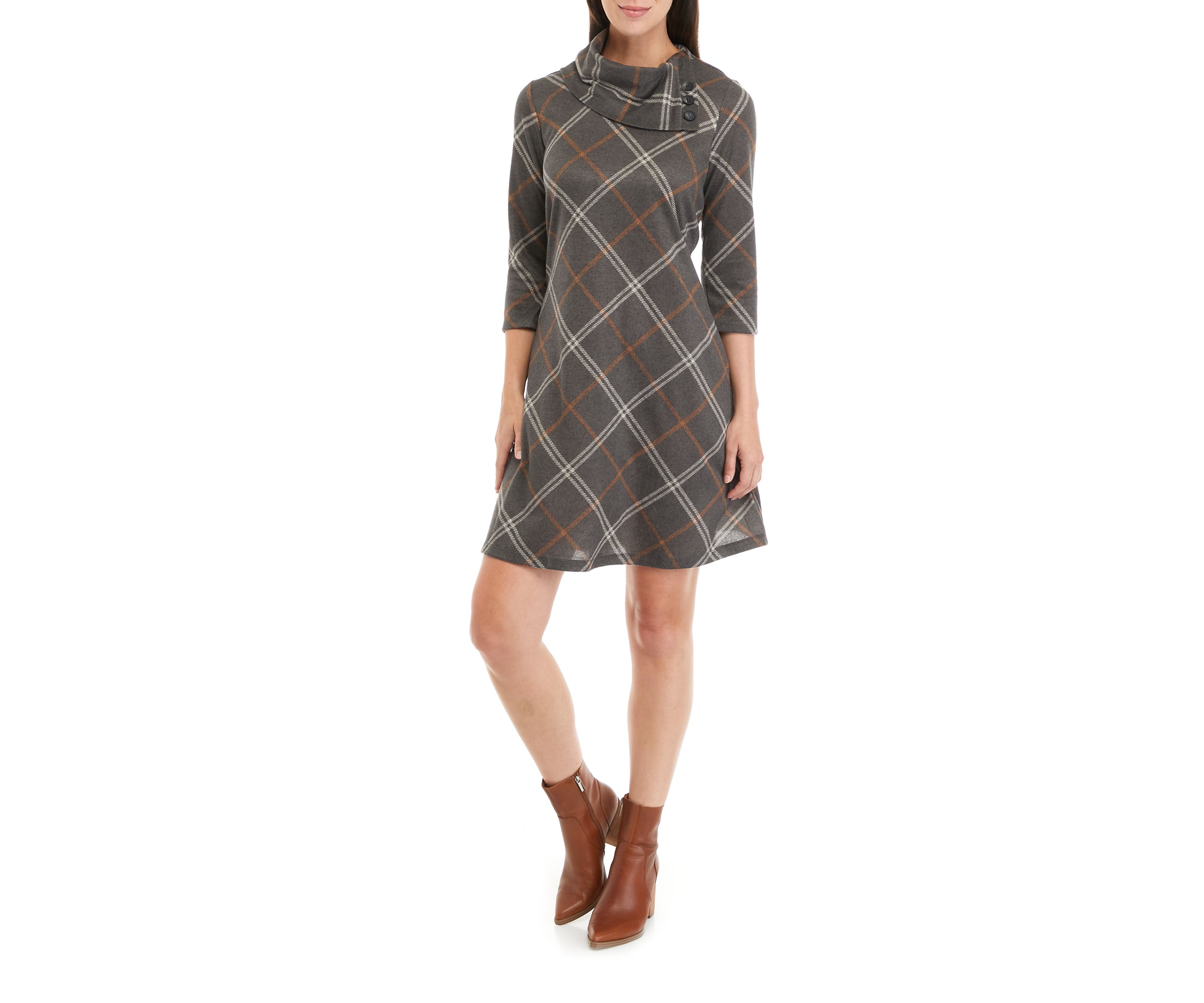 Womens Cozy Envelope Neck Plaid Hacci A-Line Dress