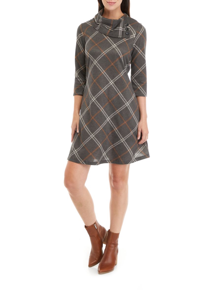 Womens Cozy Envelope Neck Plaid Hacci A-Line Dress