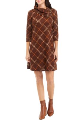 Women's Cozy Envelope Neck Plaid Hacci A-Line Dress