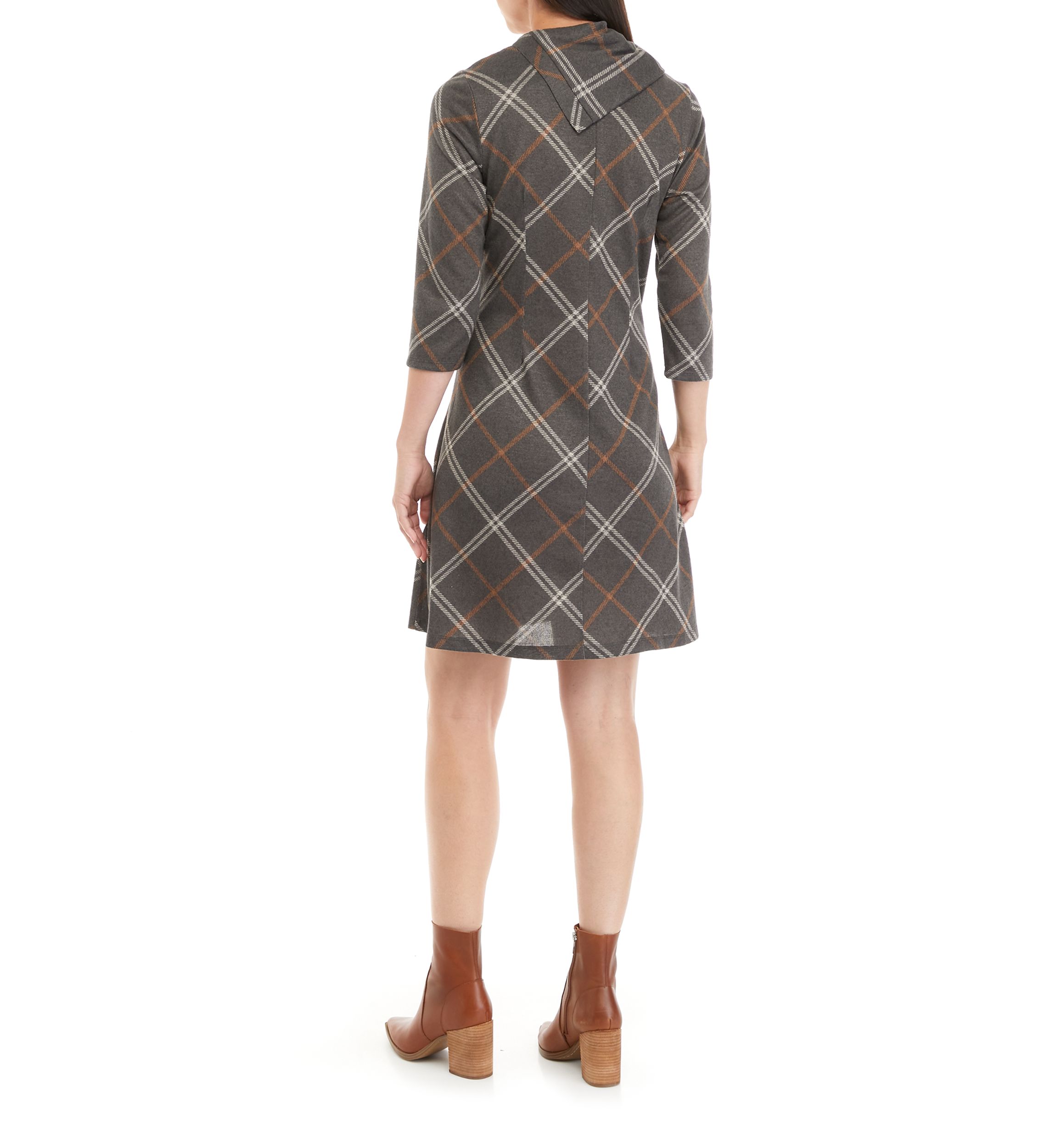 Womens Cozy Envelope Neck Plaid Hacci A-Line Dress