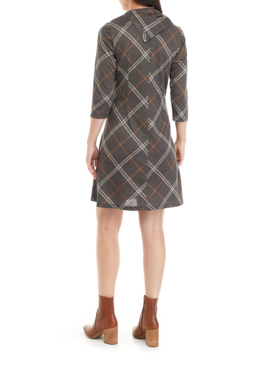Womens Cozy Envelope Neck Plaid Hacci A-Line Dress