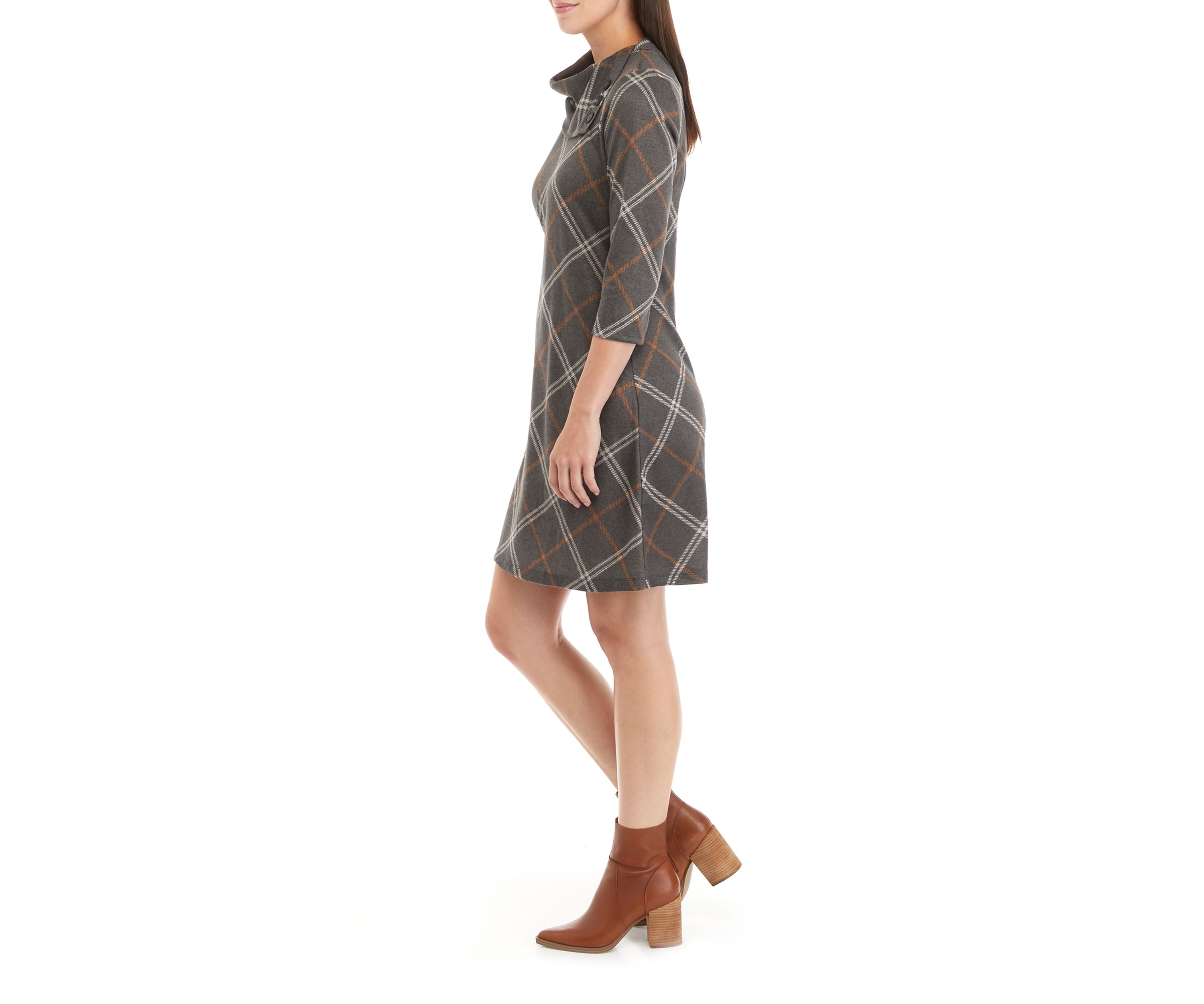 Womens Cozy Envelope Neck Plaid Hacci A-Line Dress