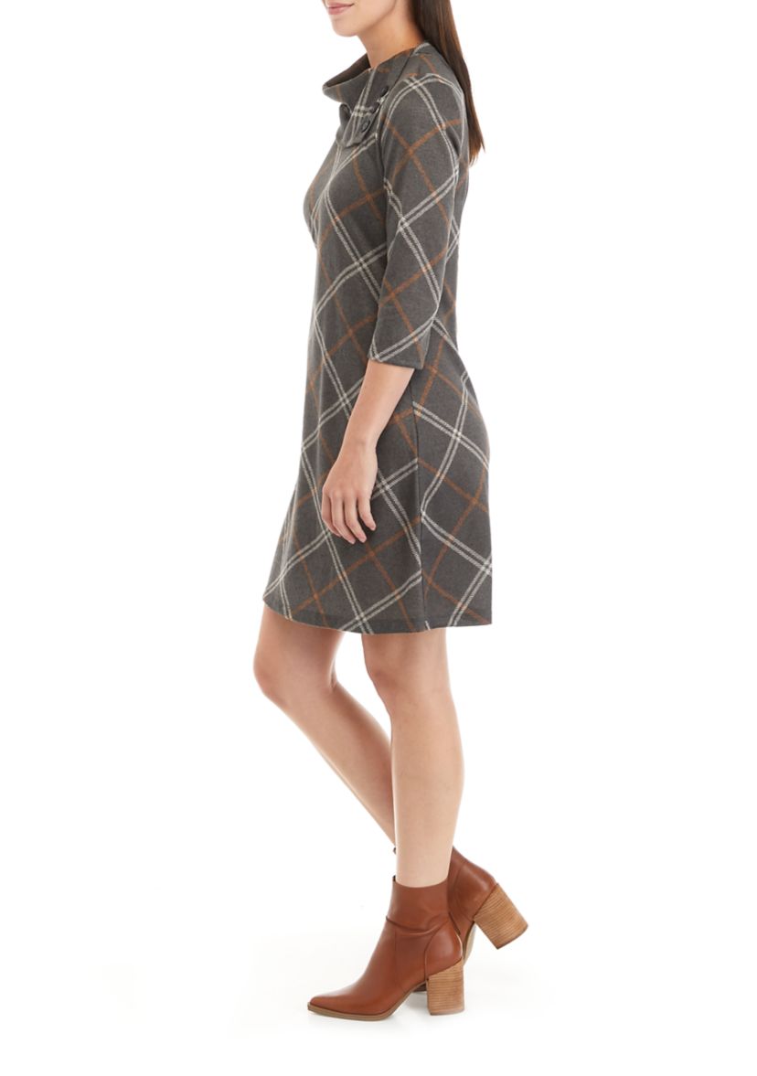 Womens Cozy Envelope Neck Plaid Hacci A-Line Dress