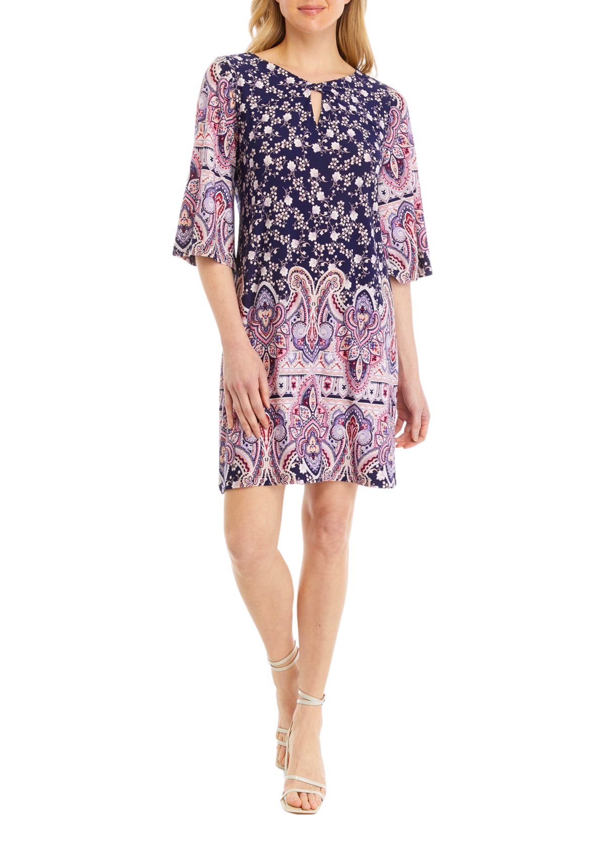 Womens 3/4 Sleeve Graduated Floral Printed Shift Dress