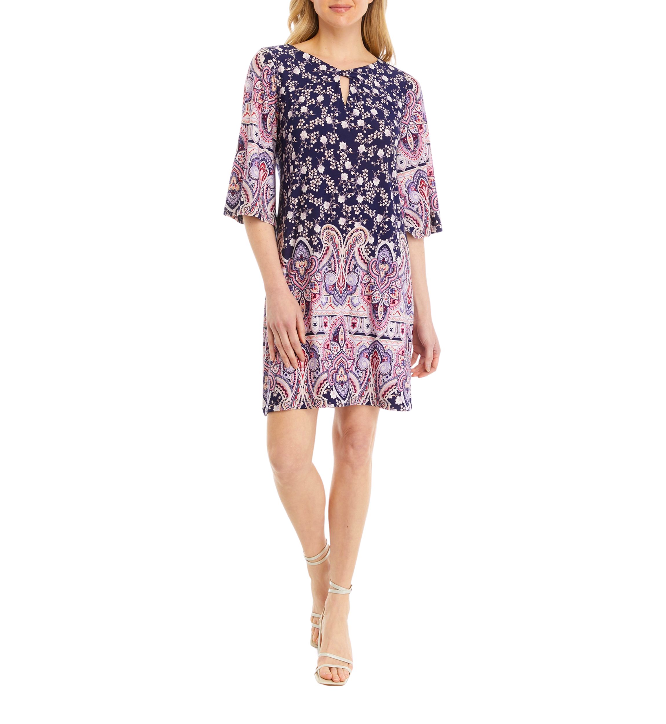 Womens 3/4 Sleeve Graduated Floral Printed Shift Dress
