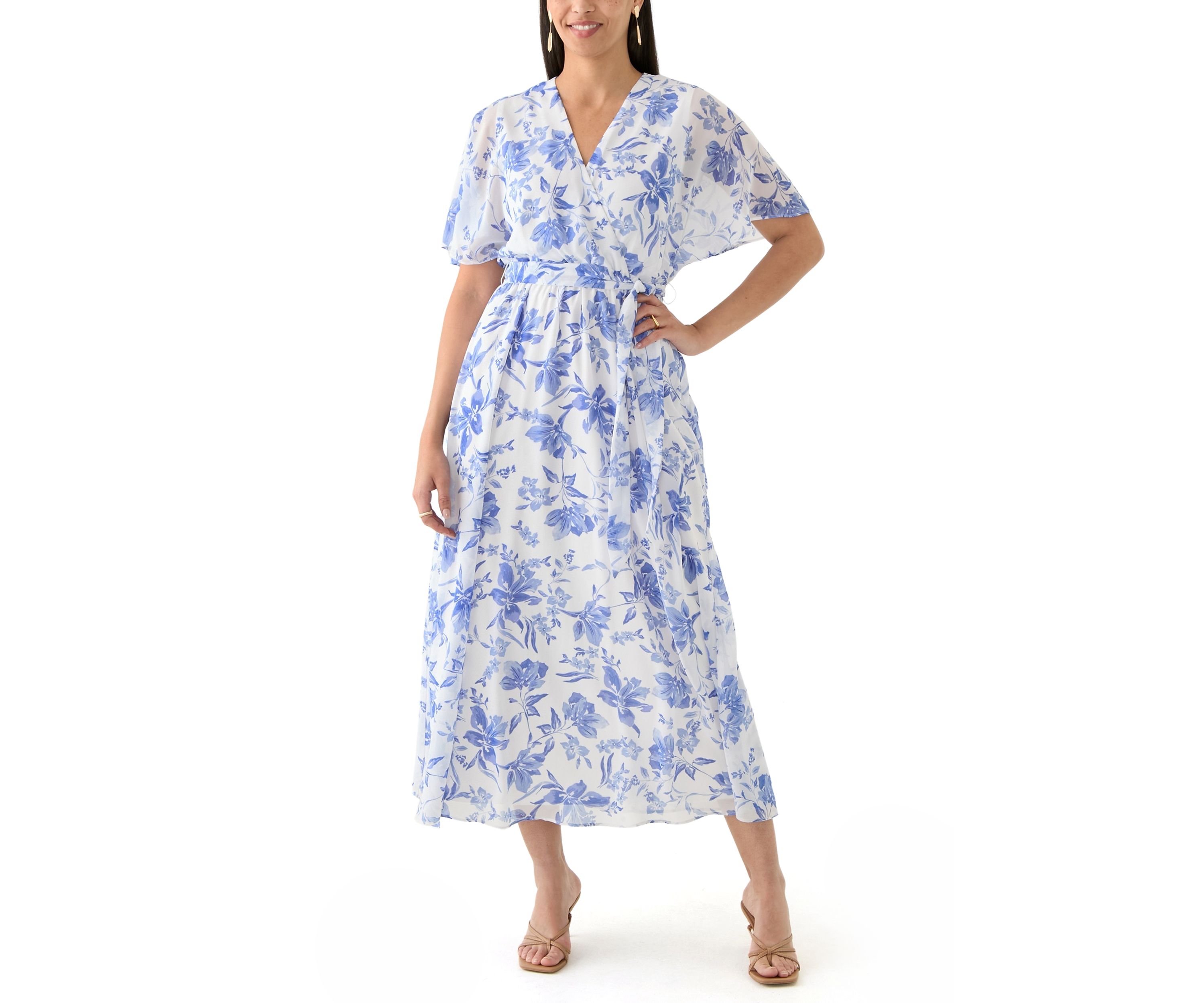 Womens Floral Printed Chiffon Fit and Flare Midi Dress