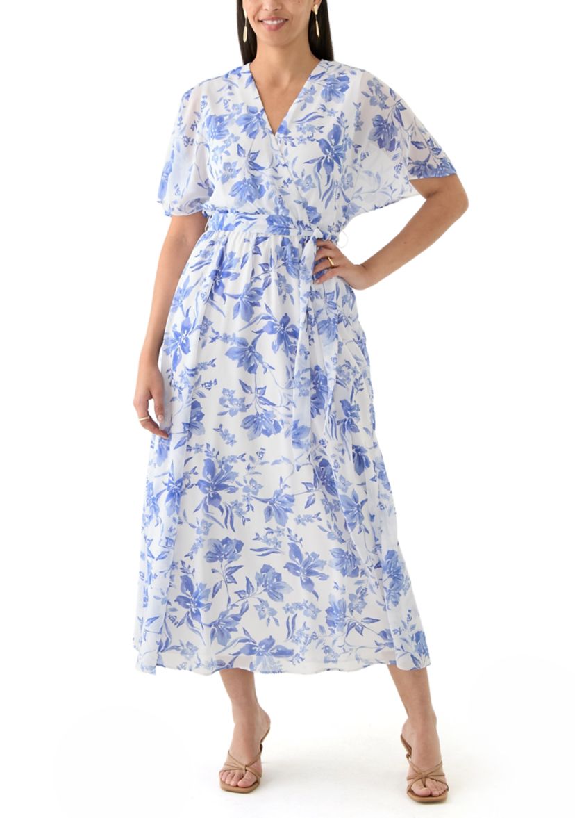 Womens Floral Printed Chiffon Fit and Flare Midi Dress