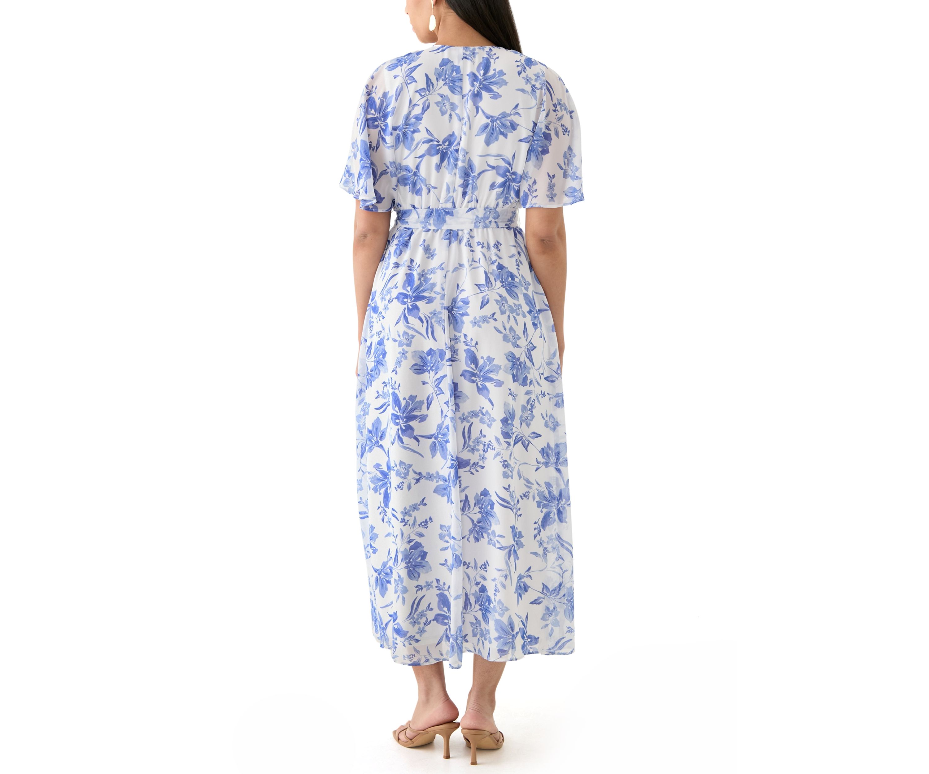 Womens Floral Printed Chiffon Fit and Flare Midi Dress
