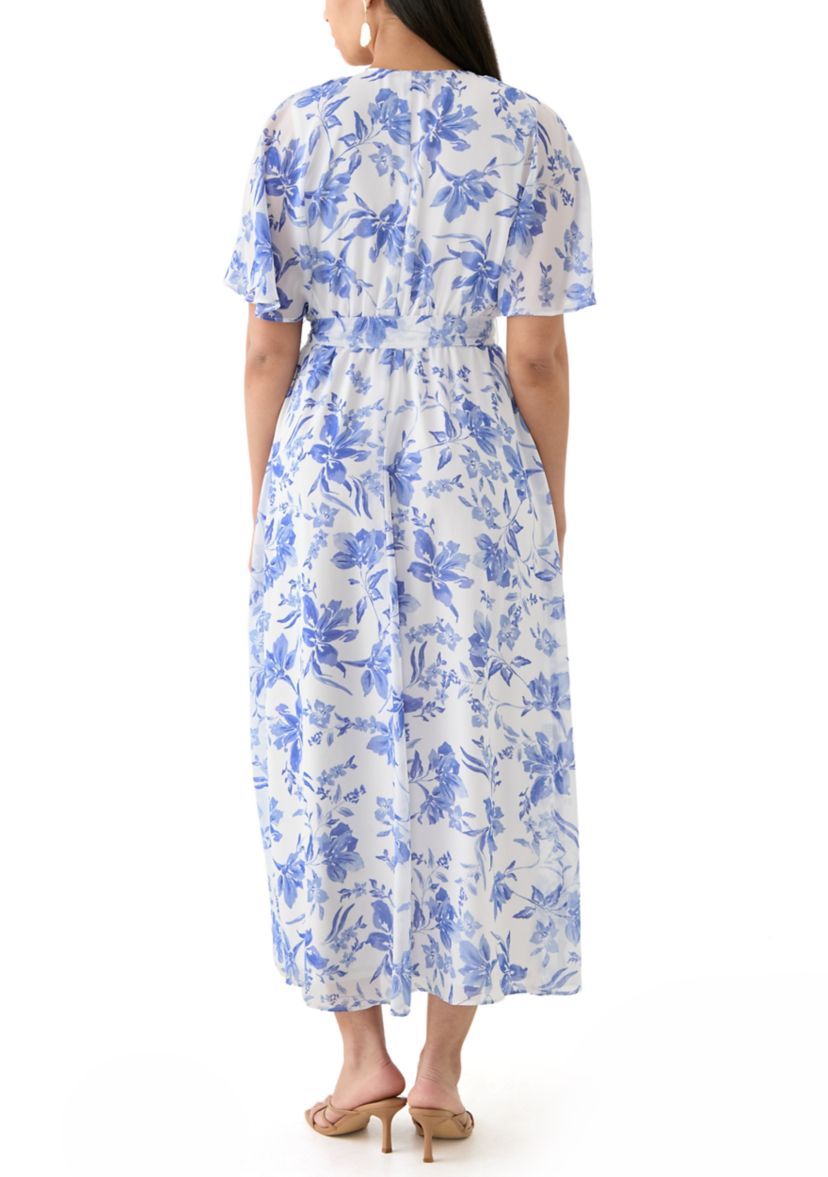 Womens Floral Printed Chiffon Fit and Flare Midi Dress