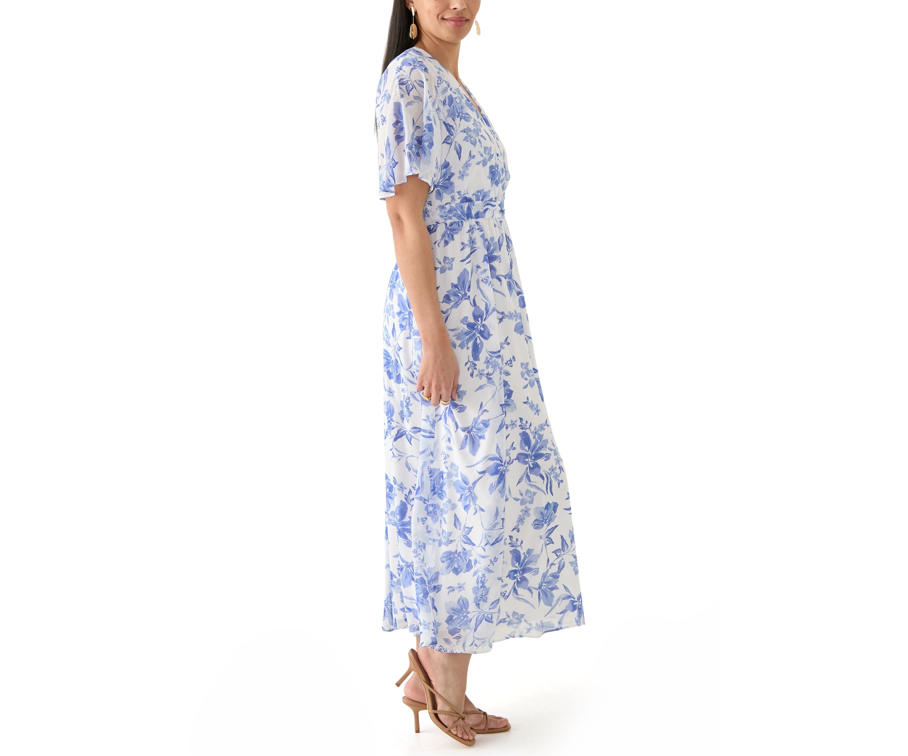 Womens Floral Printed Chiffon Fit and Flare Midi Dress