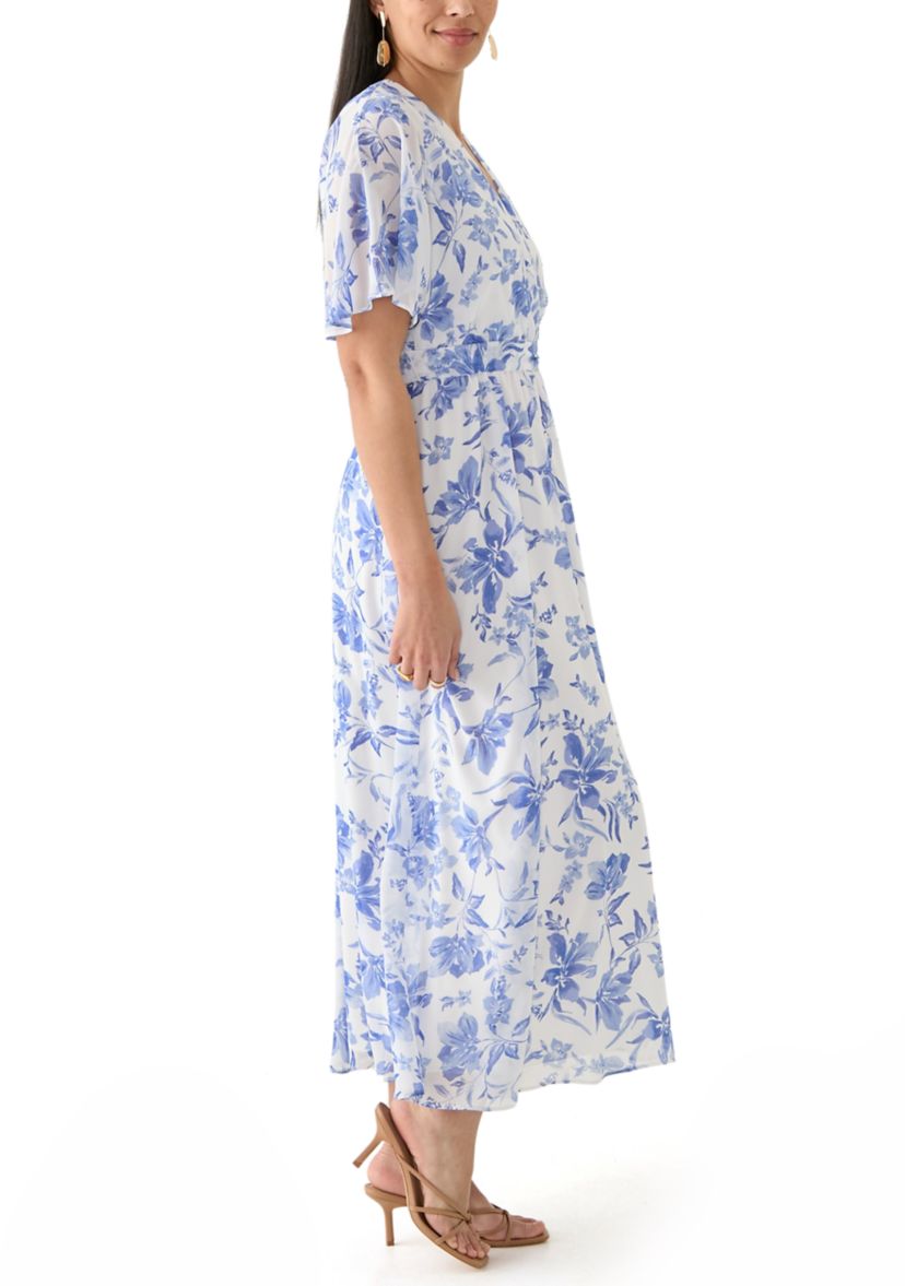 Womens Floral Printed Chiffon Fit and Flare Midi Dress