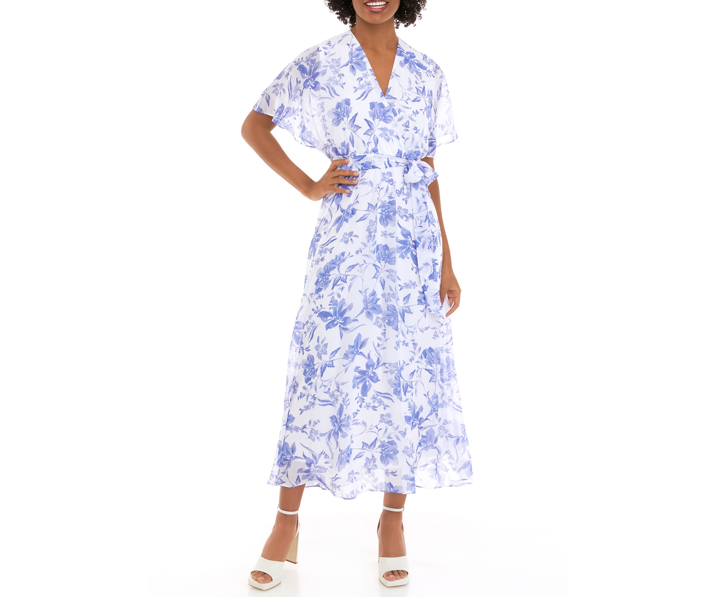 Womens Short Sleeve Surplice Floral Printed Chiffon Midi Dress