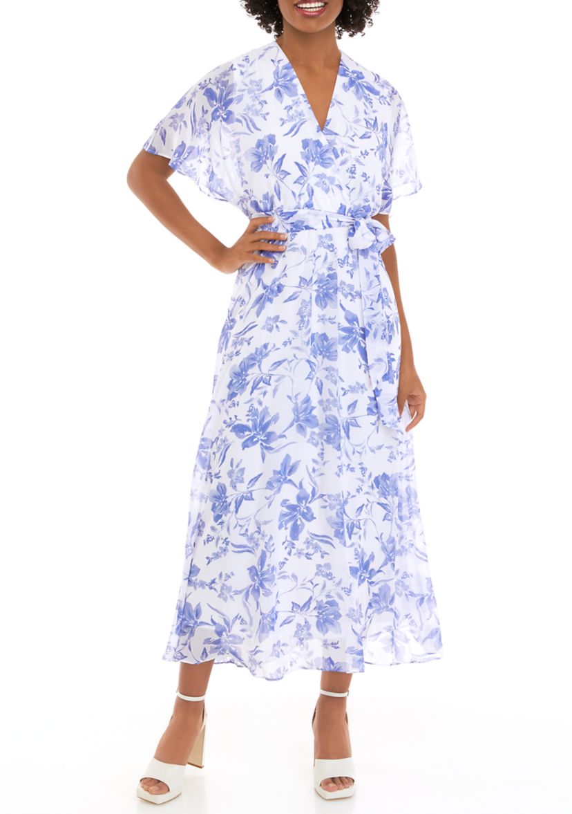 Womens Short Sleeve Surplice Floral Printed Chiffon Midi Dress